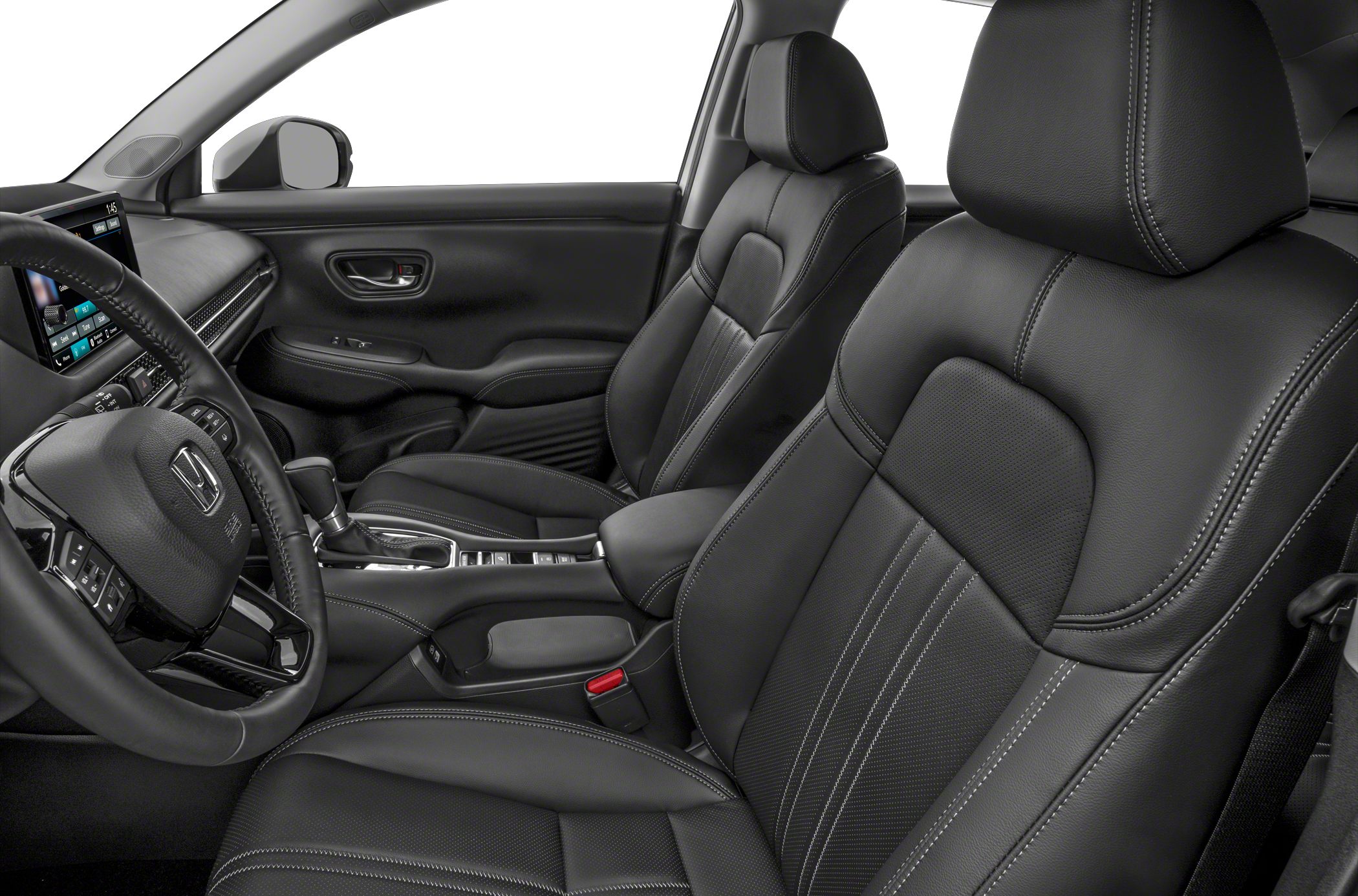 Premium black leather seats with detailed stitching and modern door panel in car interior