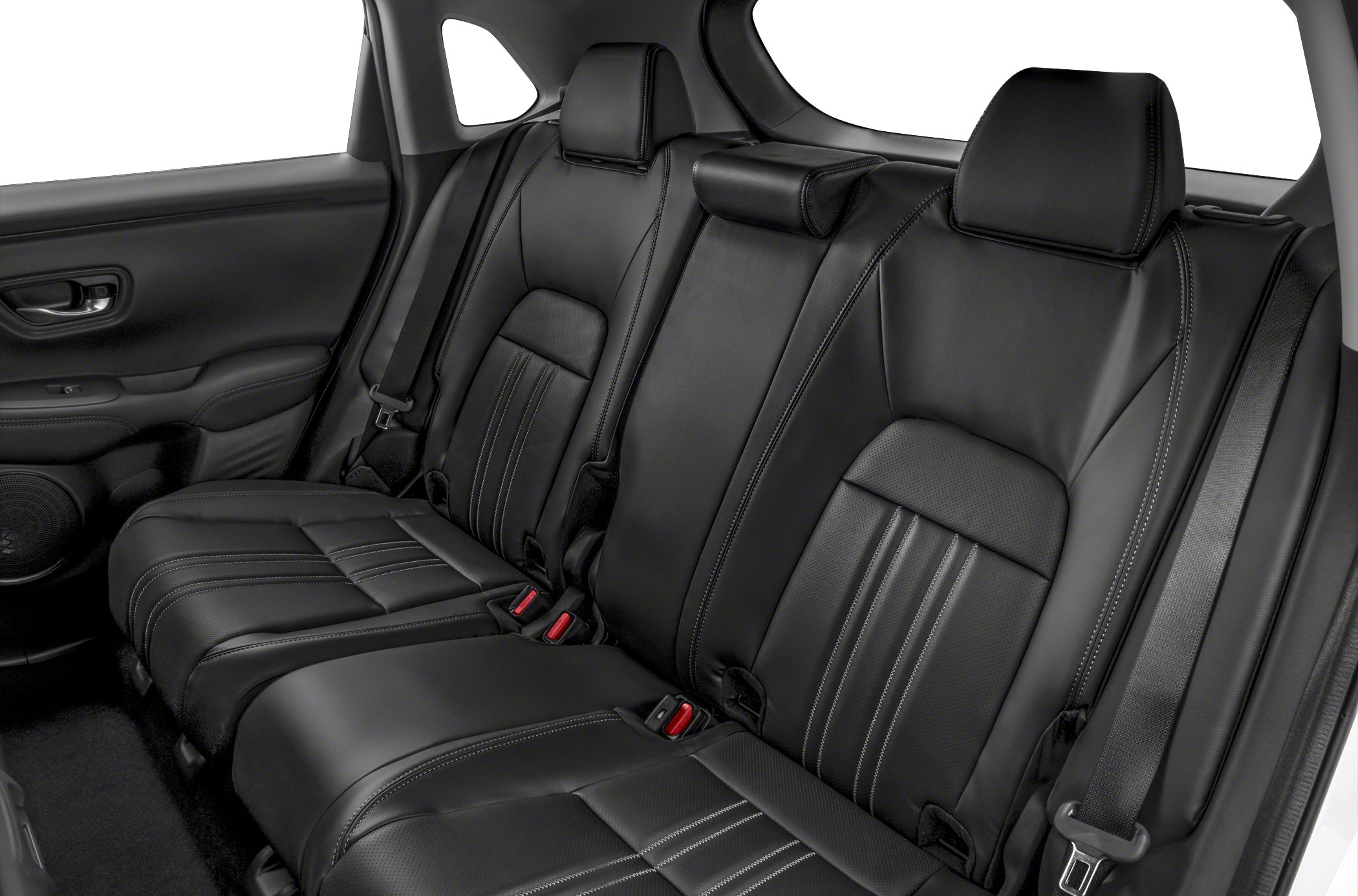 Rear black leather seats with stitching and seat belts
