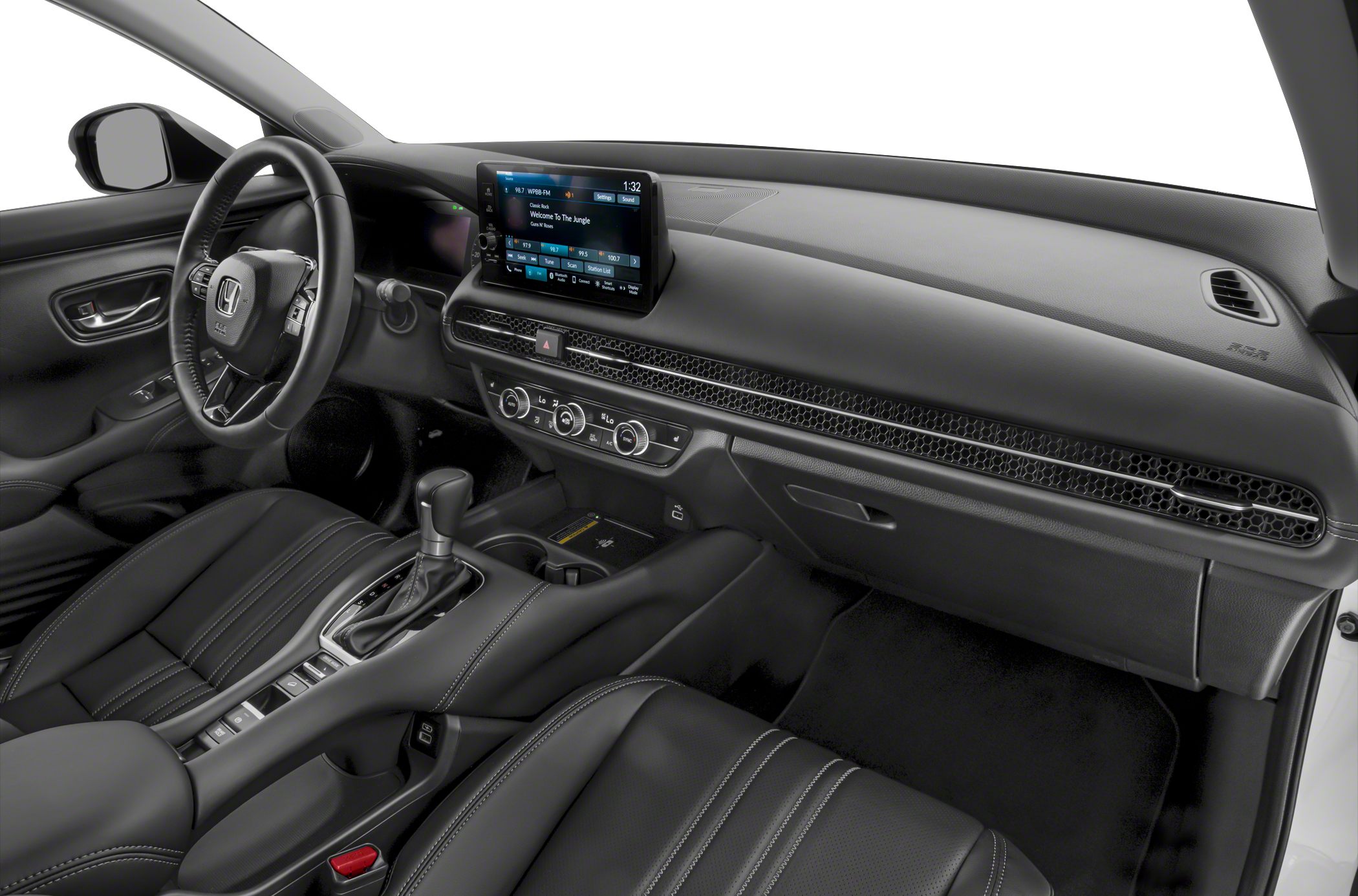 Modern car interior with touchscreen, dashboard, and leather seats
