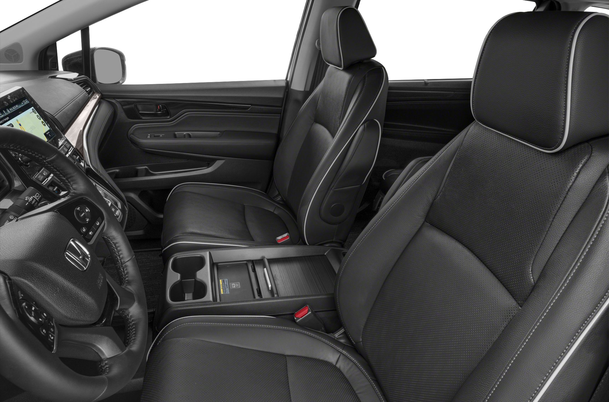 Black leather front seats and modern dashboard with center console