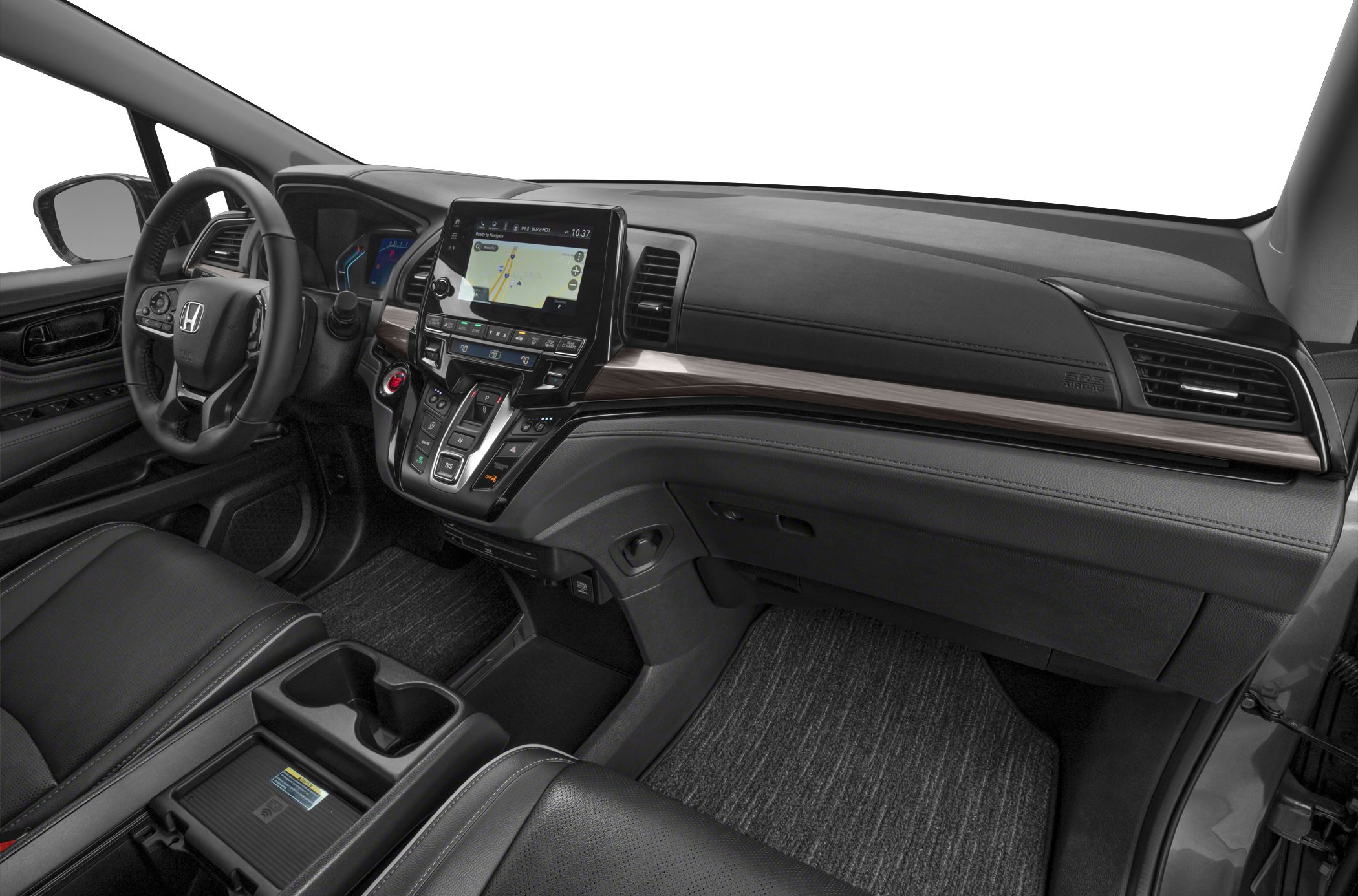 Modern car interior with touchscreen and push-button gear selector