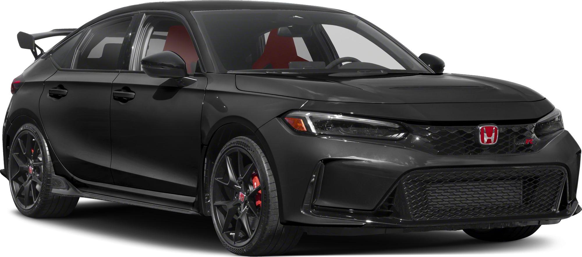 Black sporty hatchback with front grille, alloy wheels, and rear spoiler
