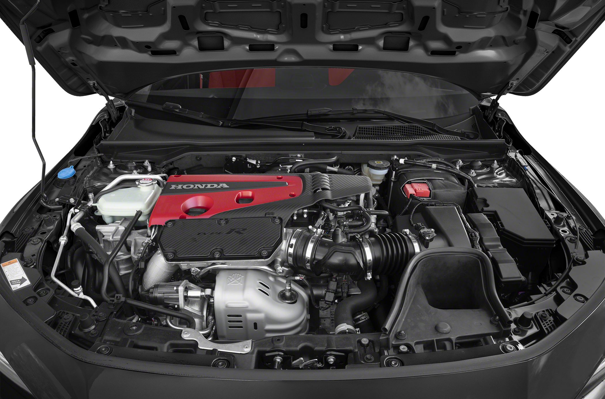 Engine bay with red valve cover and performance intake system
