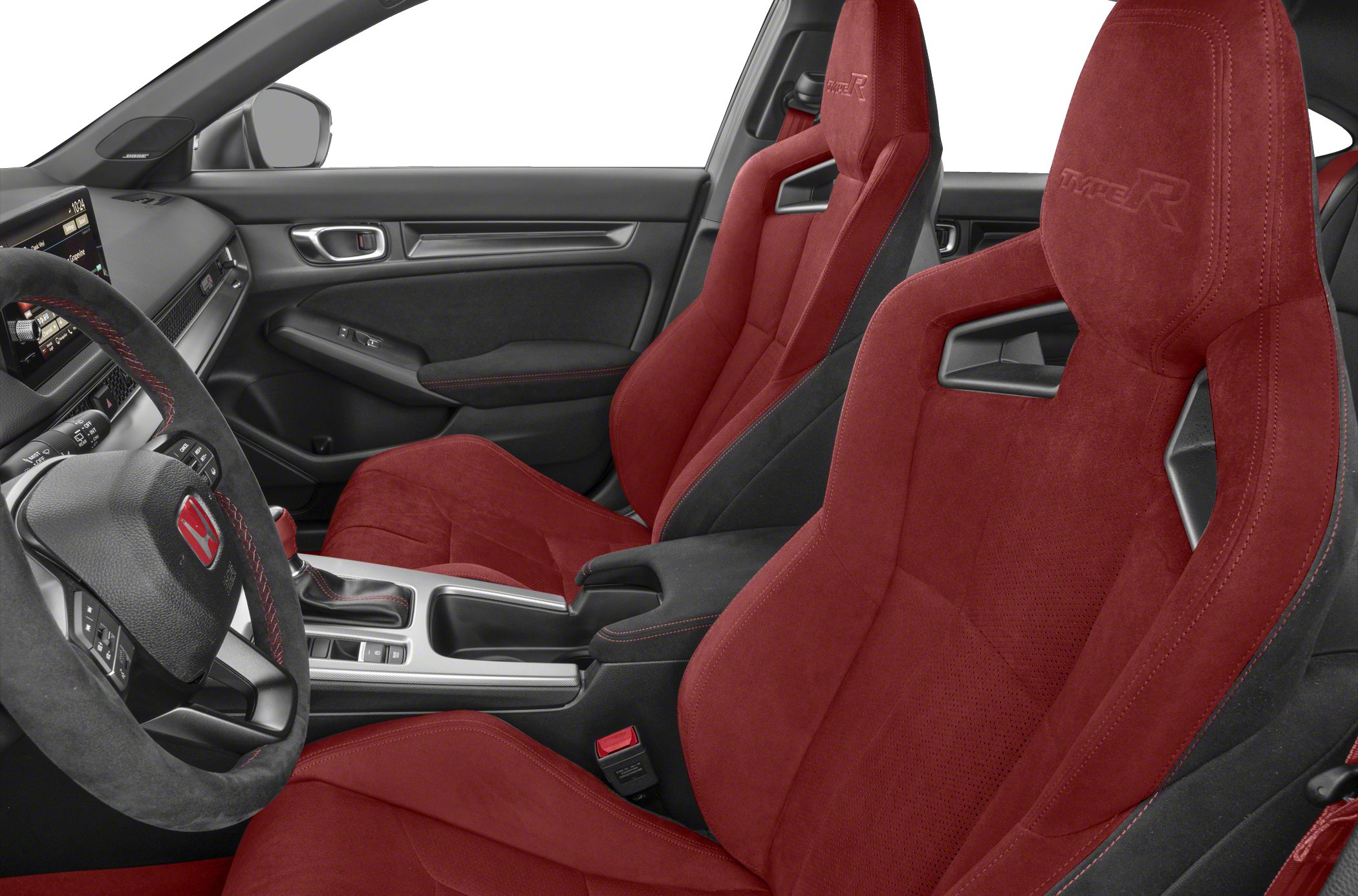 Red racing-style sport seats with cockpit and steering wheel