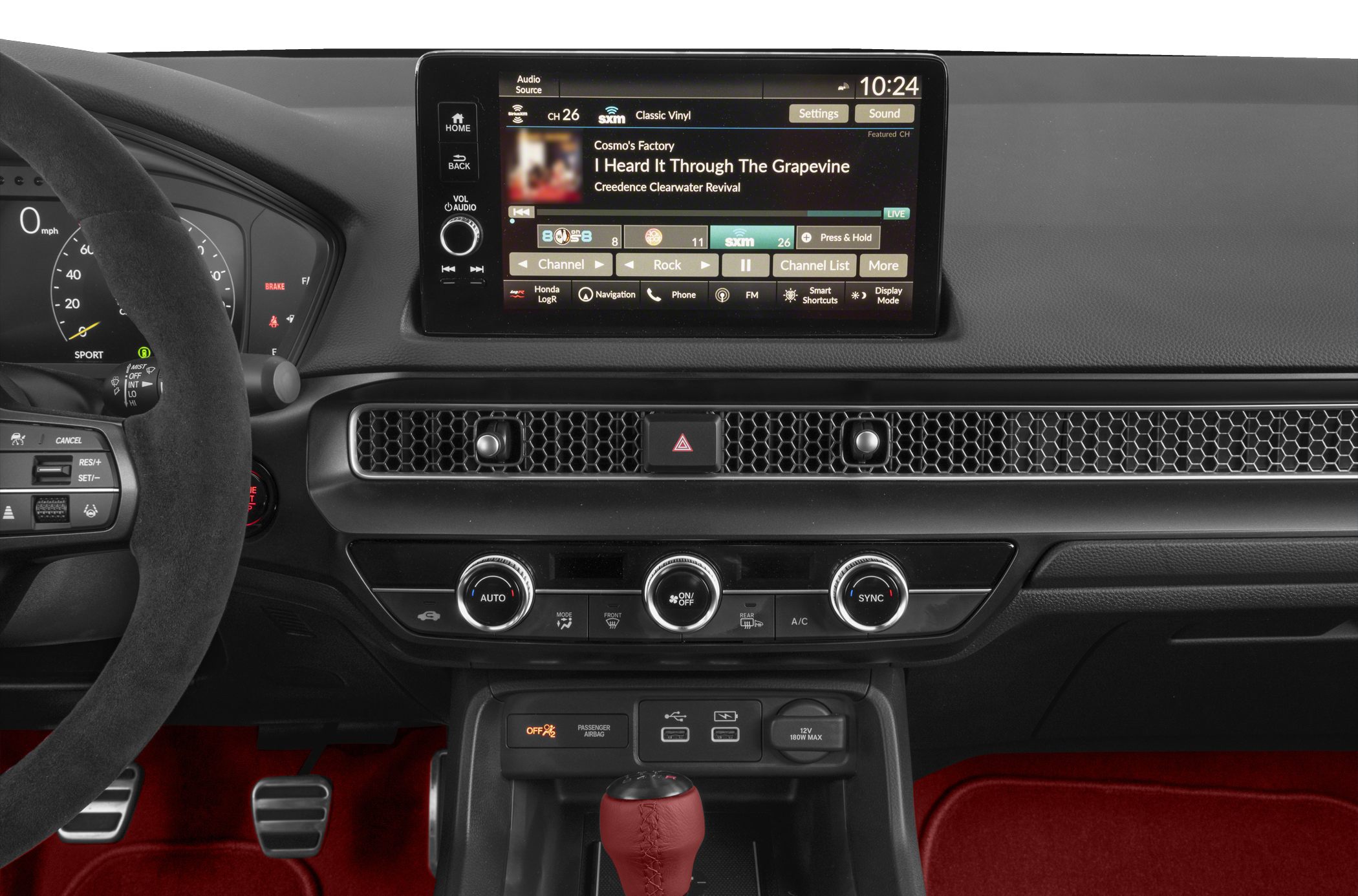 Digital infotainment screen and climate control knobs in sporty car interior