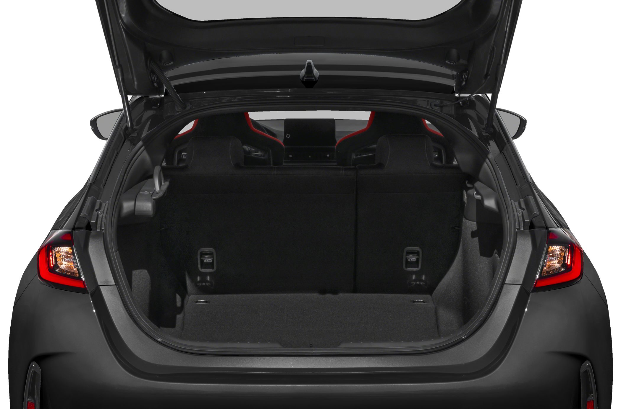 Open rear hatch with spacious cargo area and rear seats visible