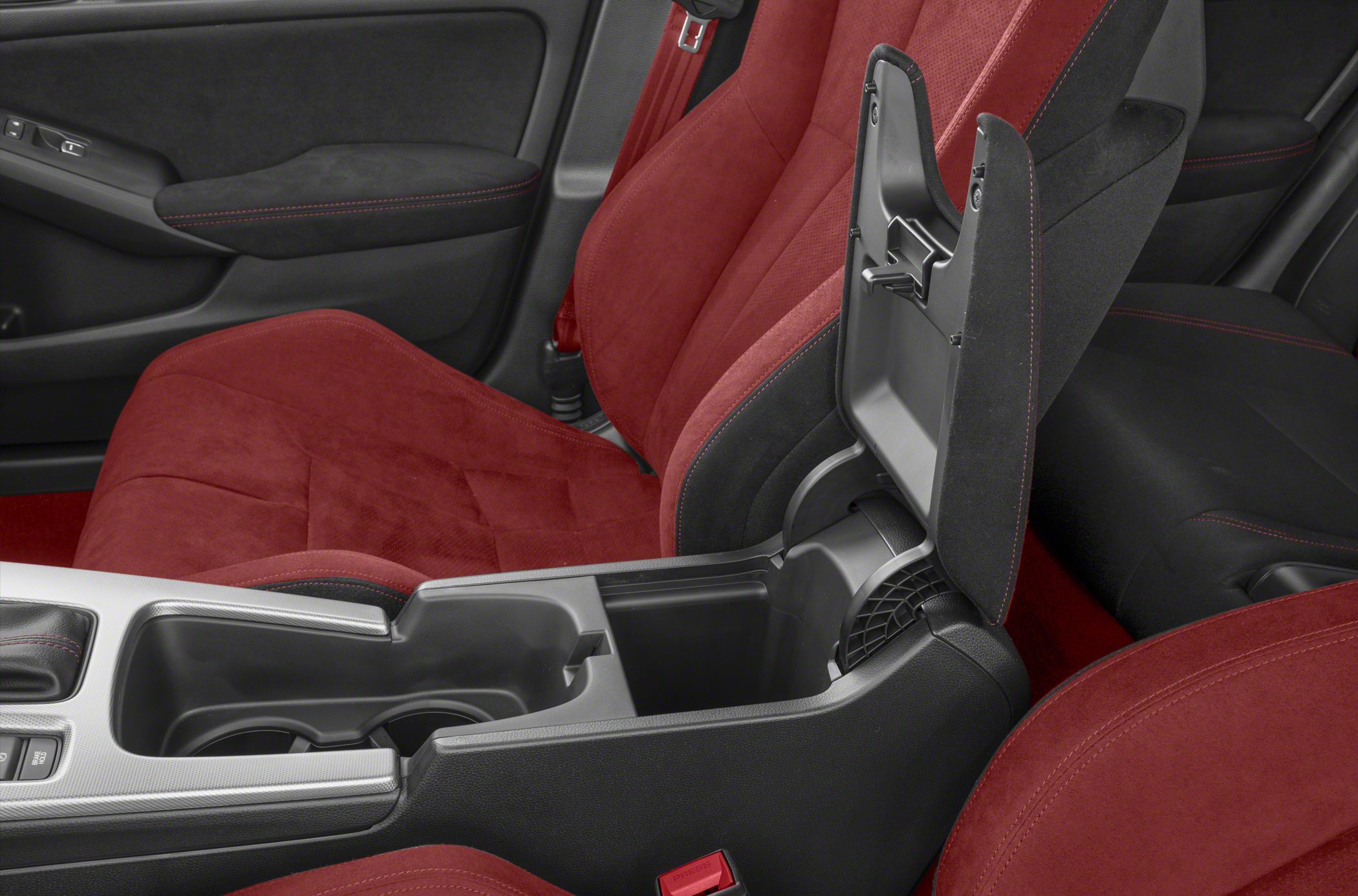 Red Alcantara upholstery seats and open center console storage