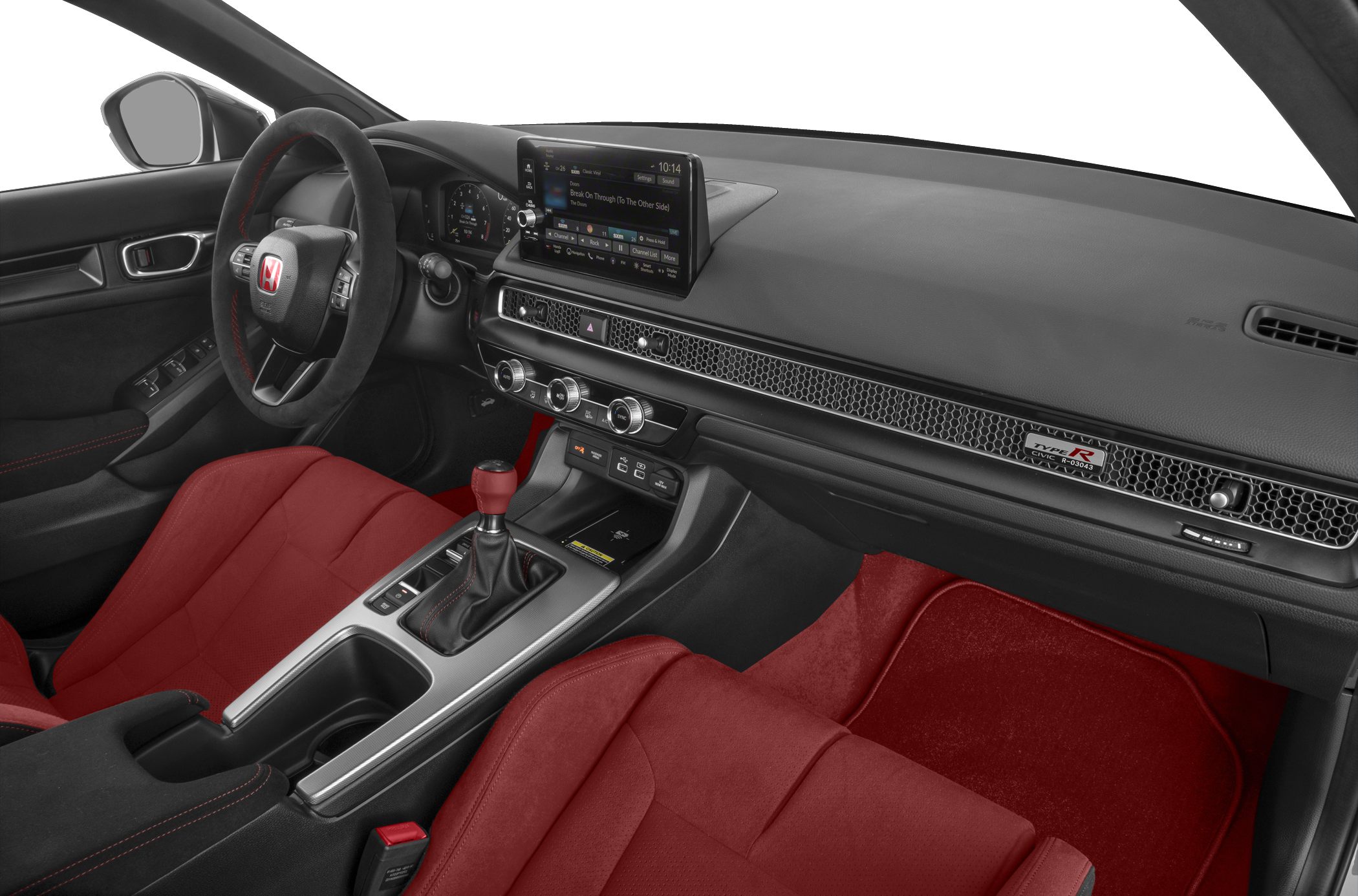 Sporty red seats and manual gearbox in a modern digital dashboard interior