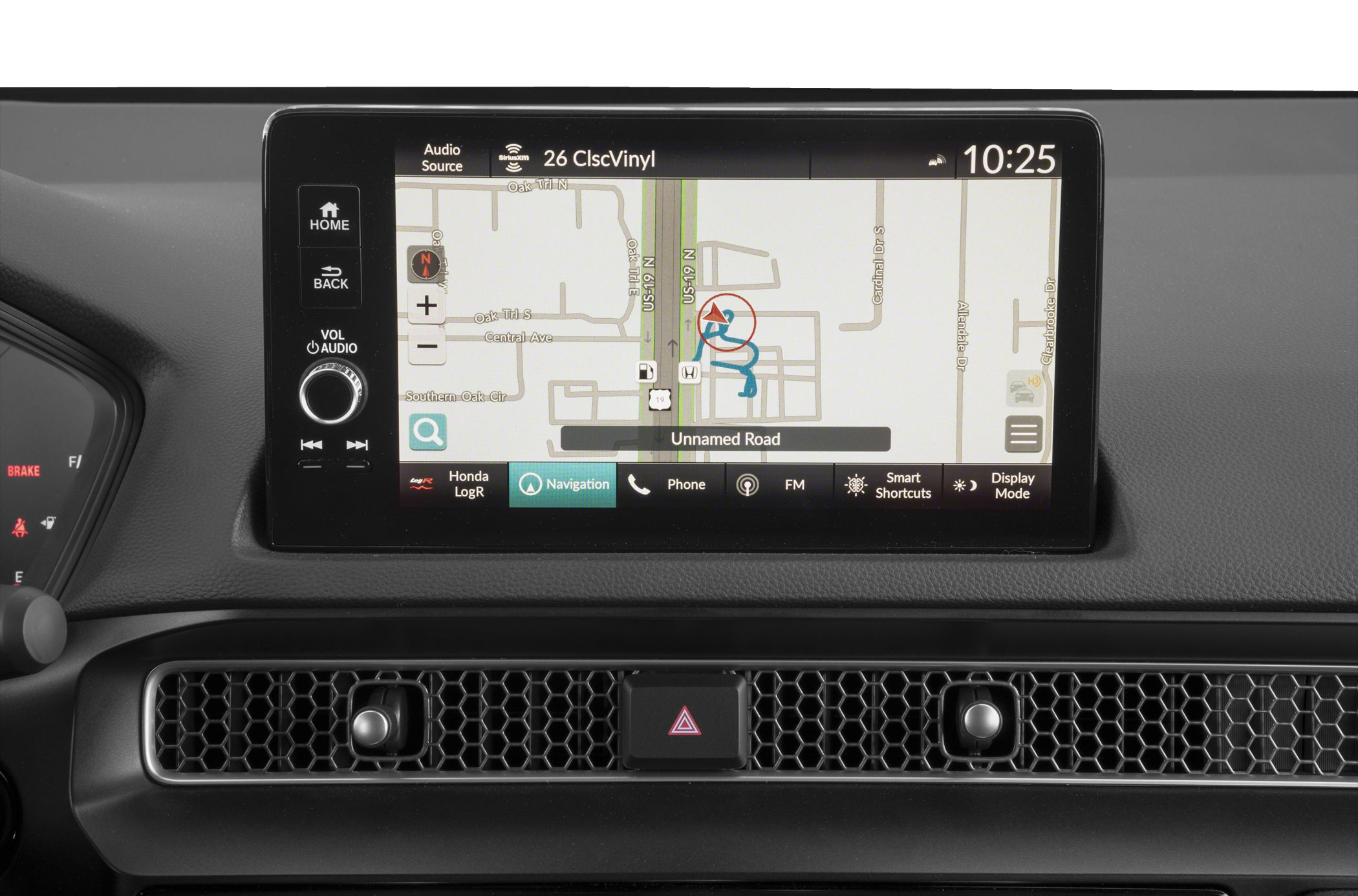 Infotainment screen with navigation map and controls