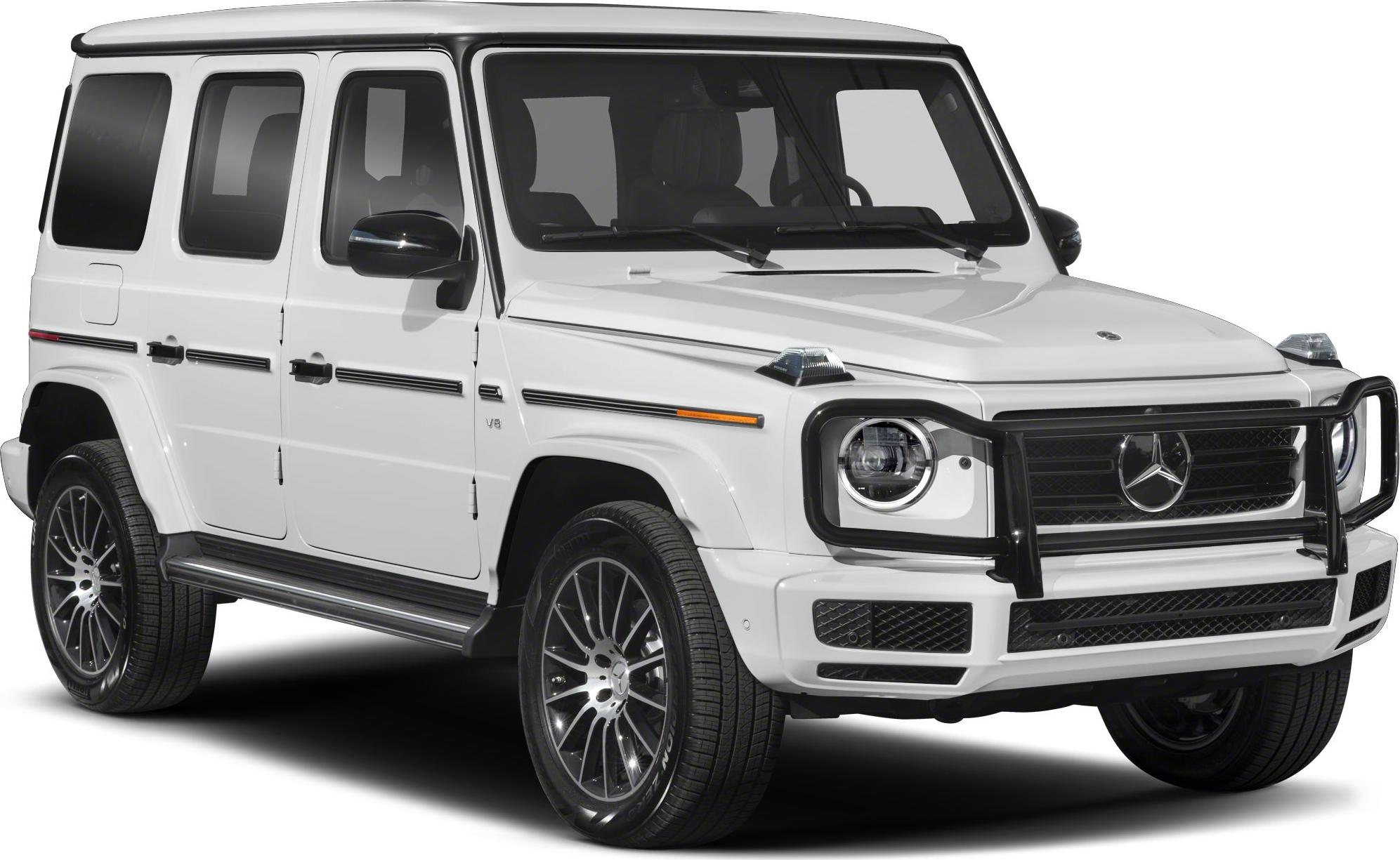 Front angled view of extended SUV with LED headlights and brush guard