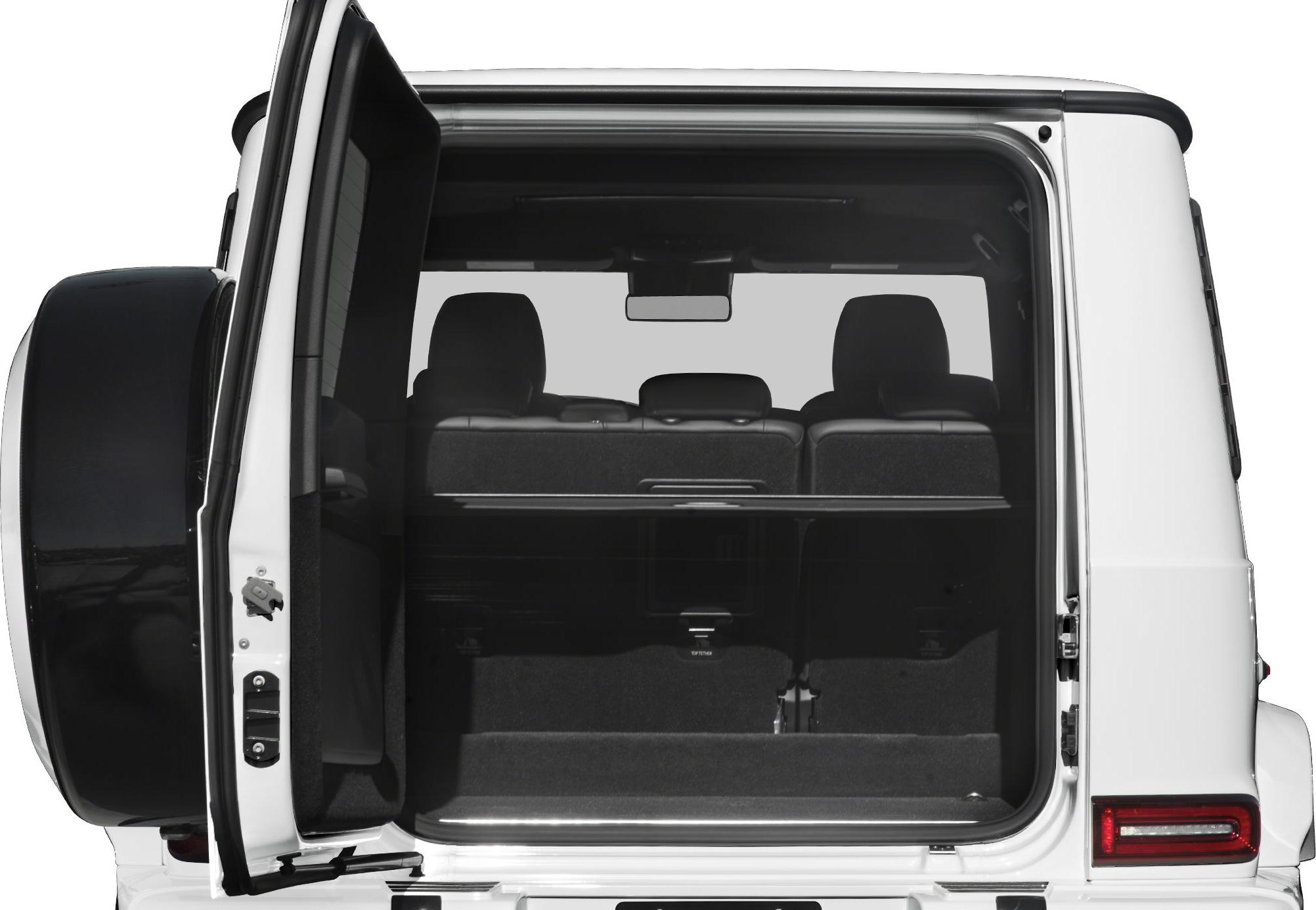 Open rear cargo space with side-hinged door and visible rear seats
