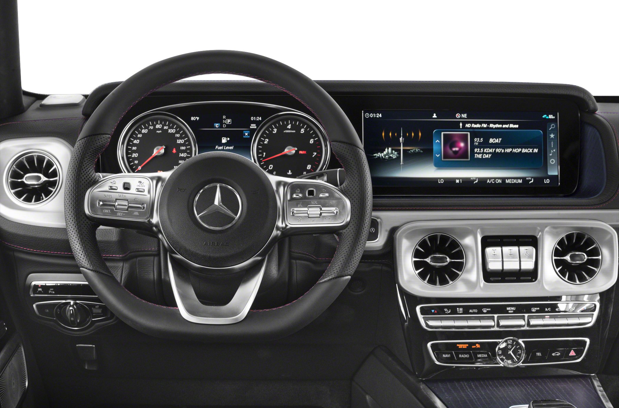 Luxury steering wheel with digital speedometer and dashboard controls