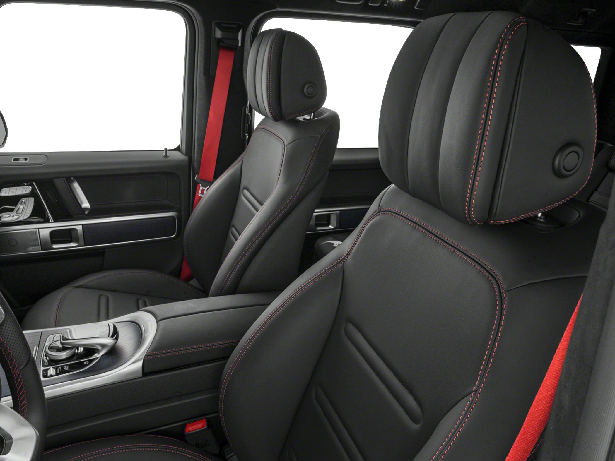 Black leather seats with red stitching and red seatbelt