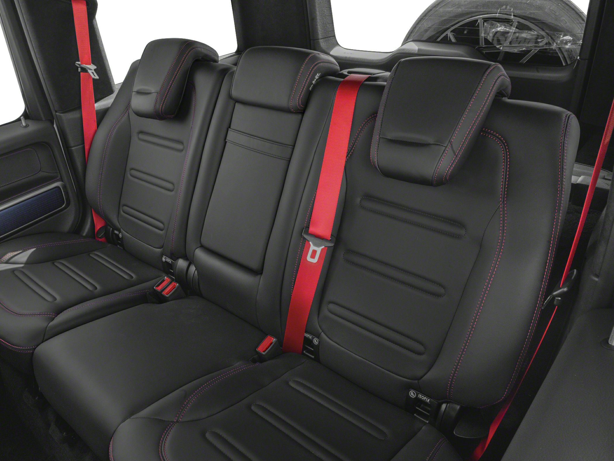 Black leather rear seat with red seatbelts and headrests