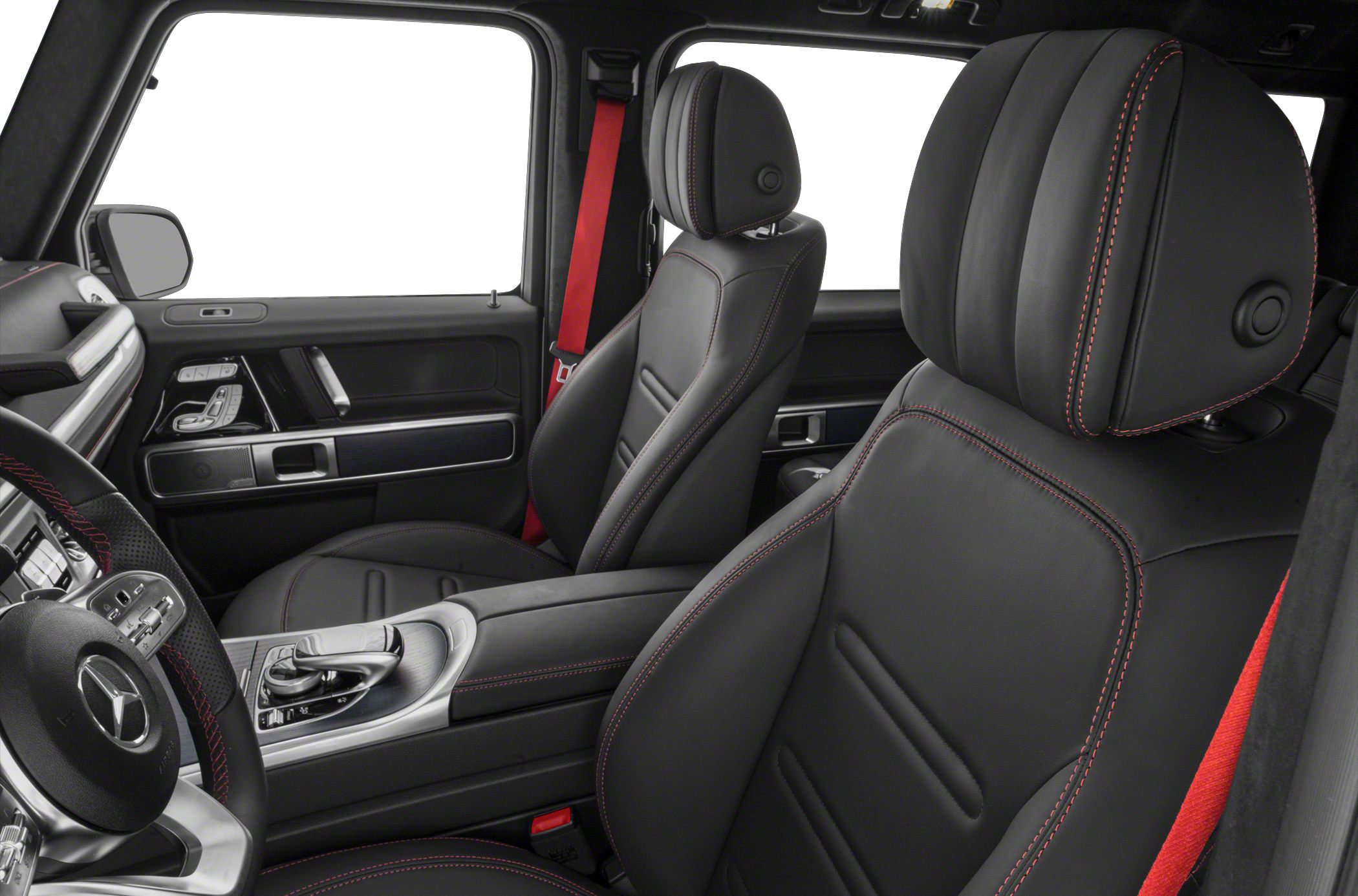 Black leather seats with red stitching and red seat belt