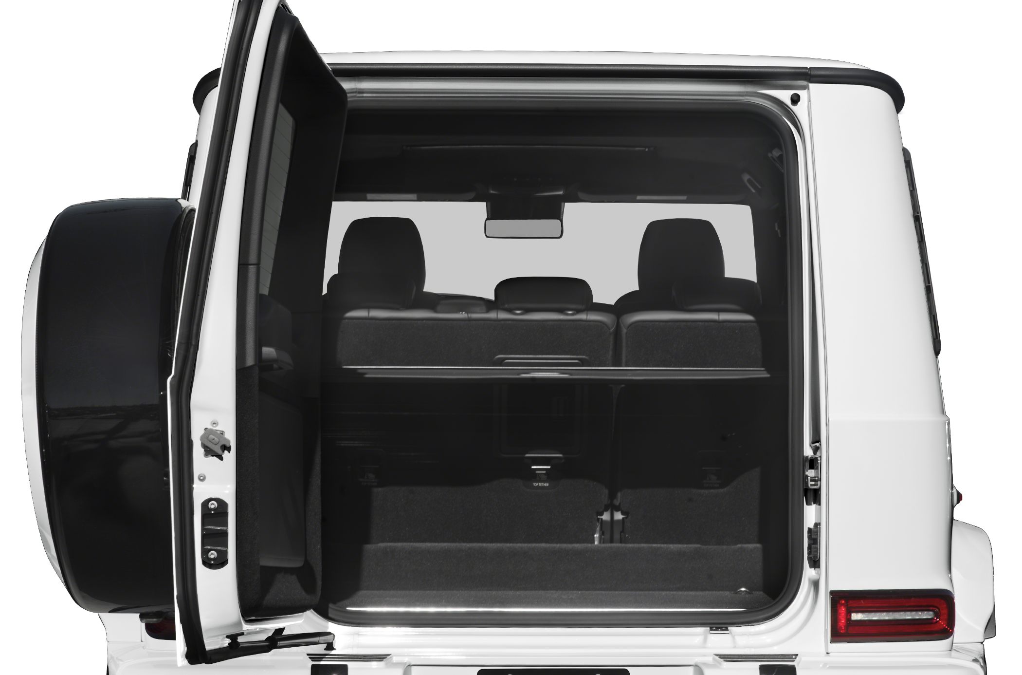 Open rear tailgate with spacious cargo area and visible seatbacks