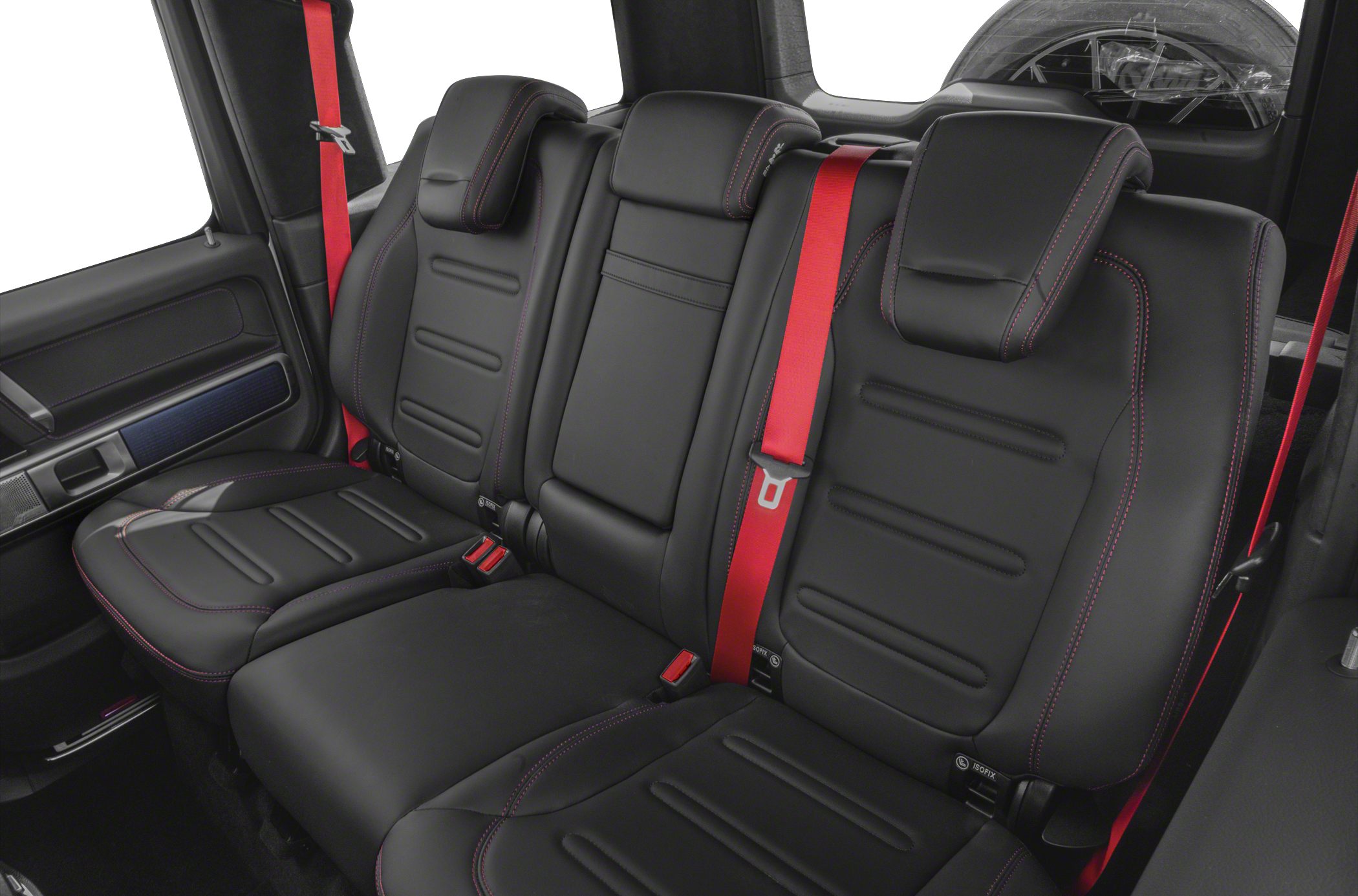 Black leather rear seats with red stitching and red seat belts