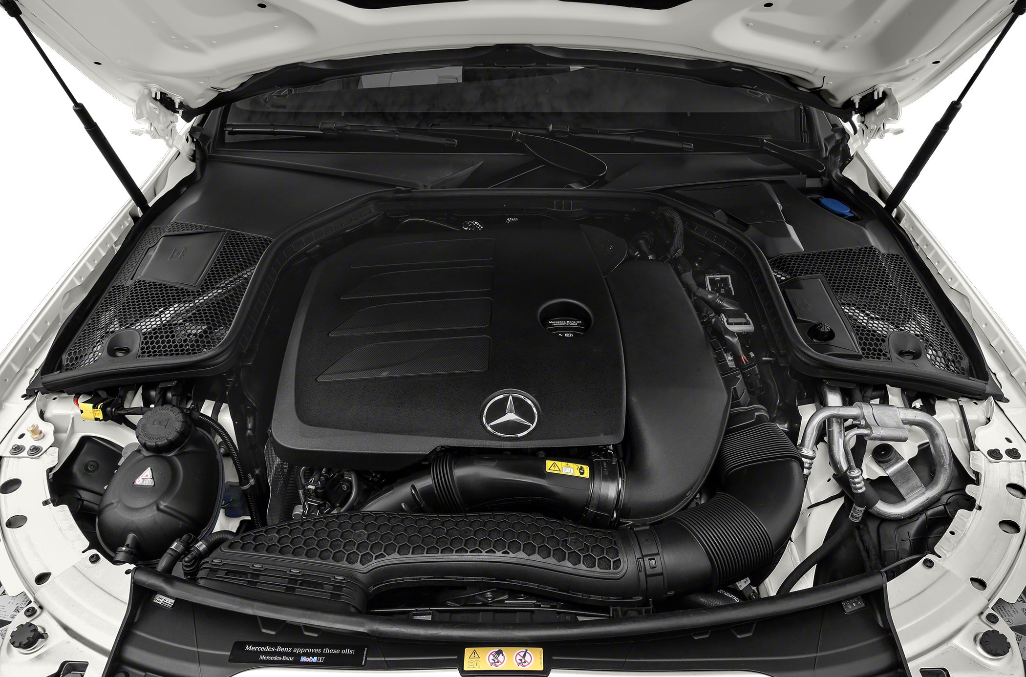 Engine bay with Mercedes-Benz branded engine cover and components