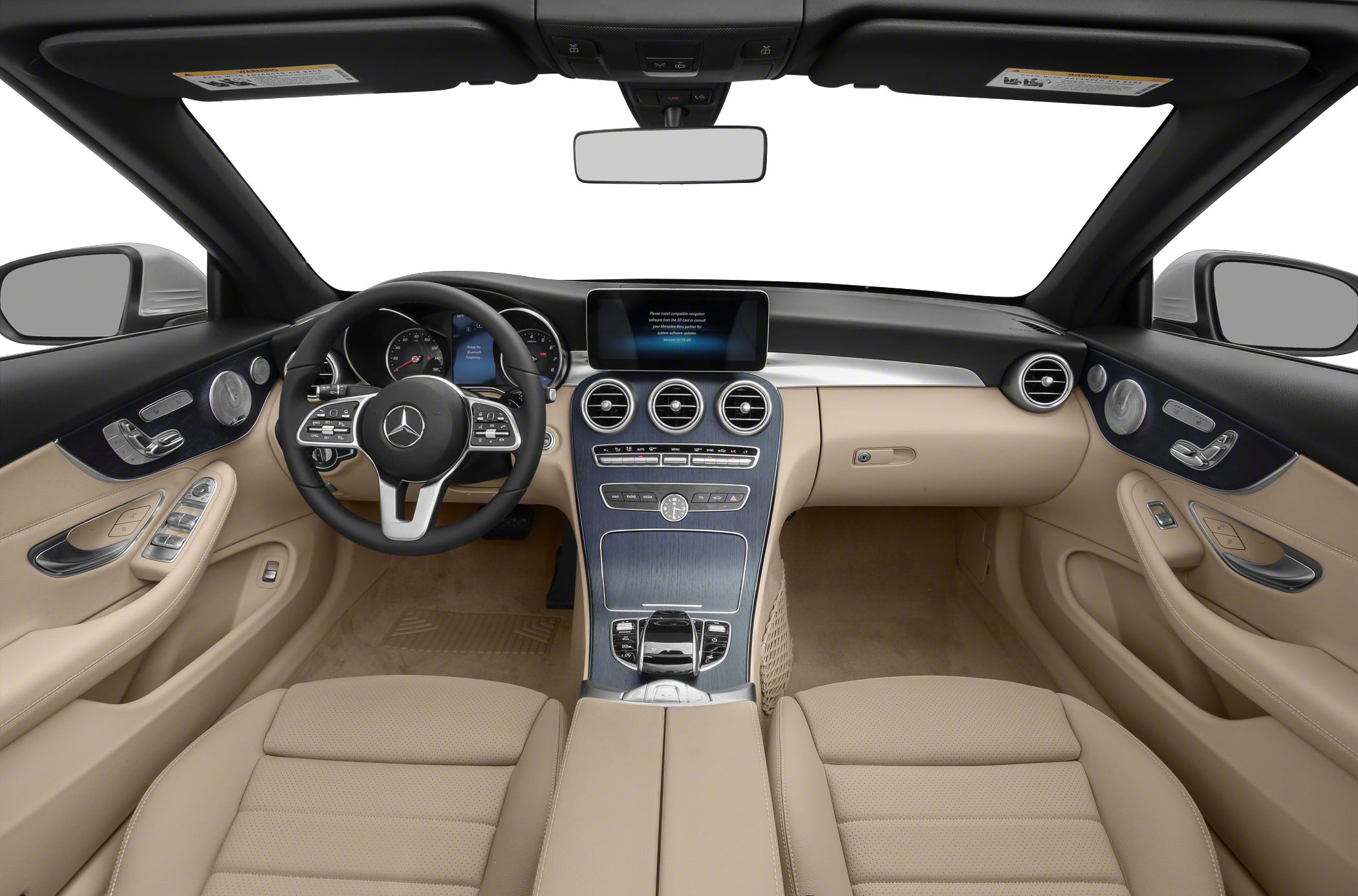 Beige leather interior with modern dashboard and infotainment system