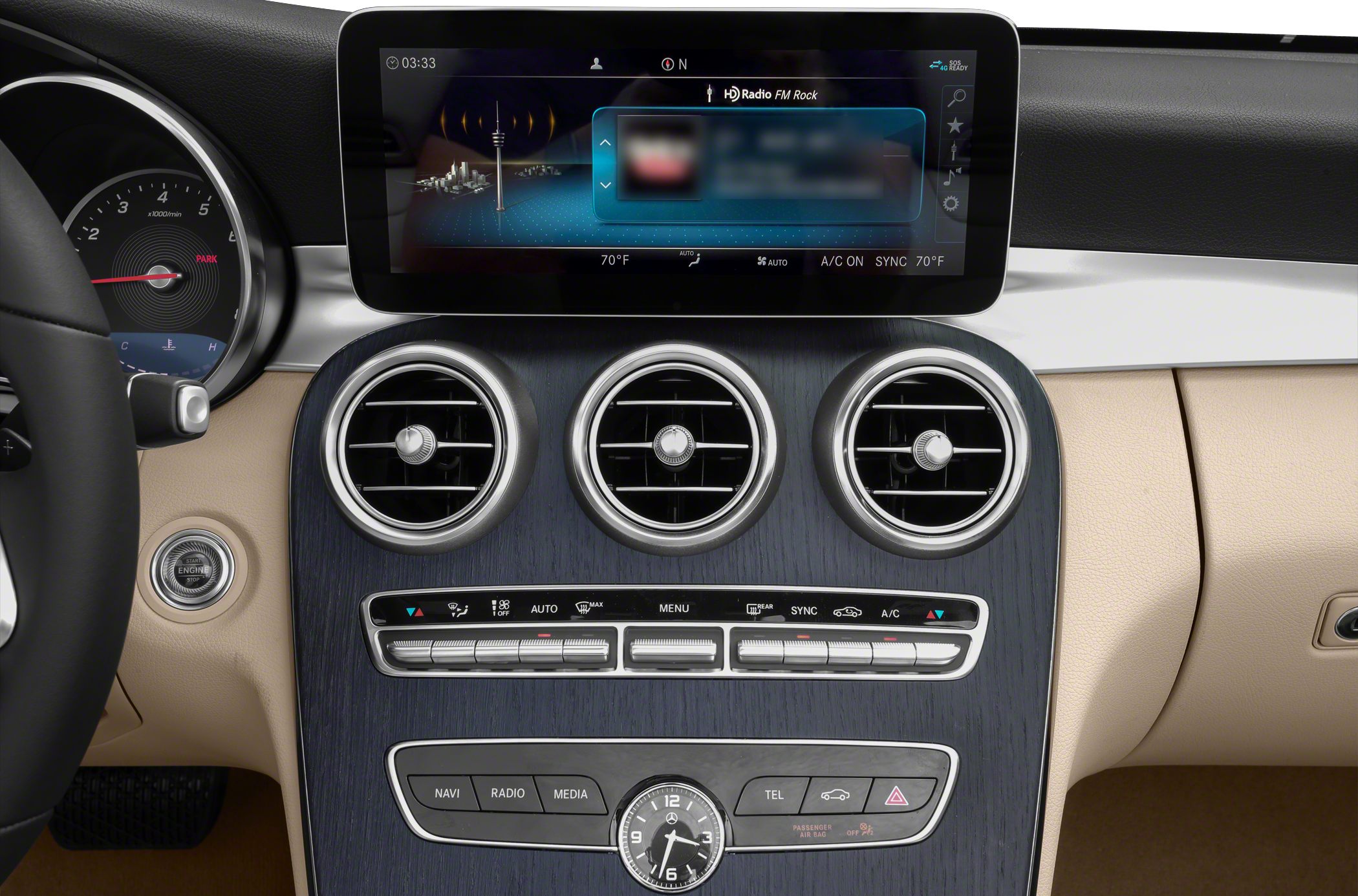 Car interior dashboard with infotainment screen and climate controls