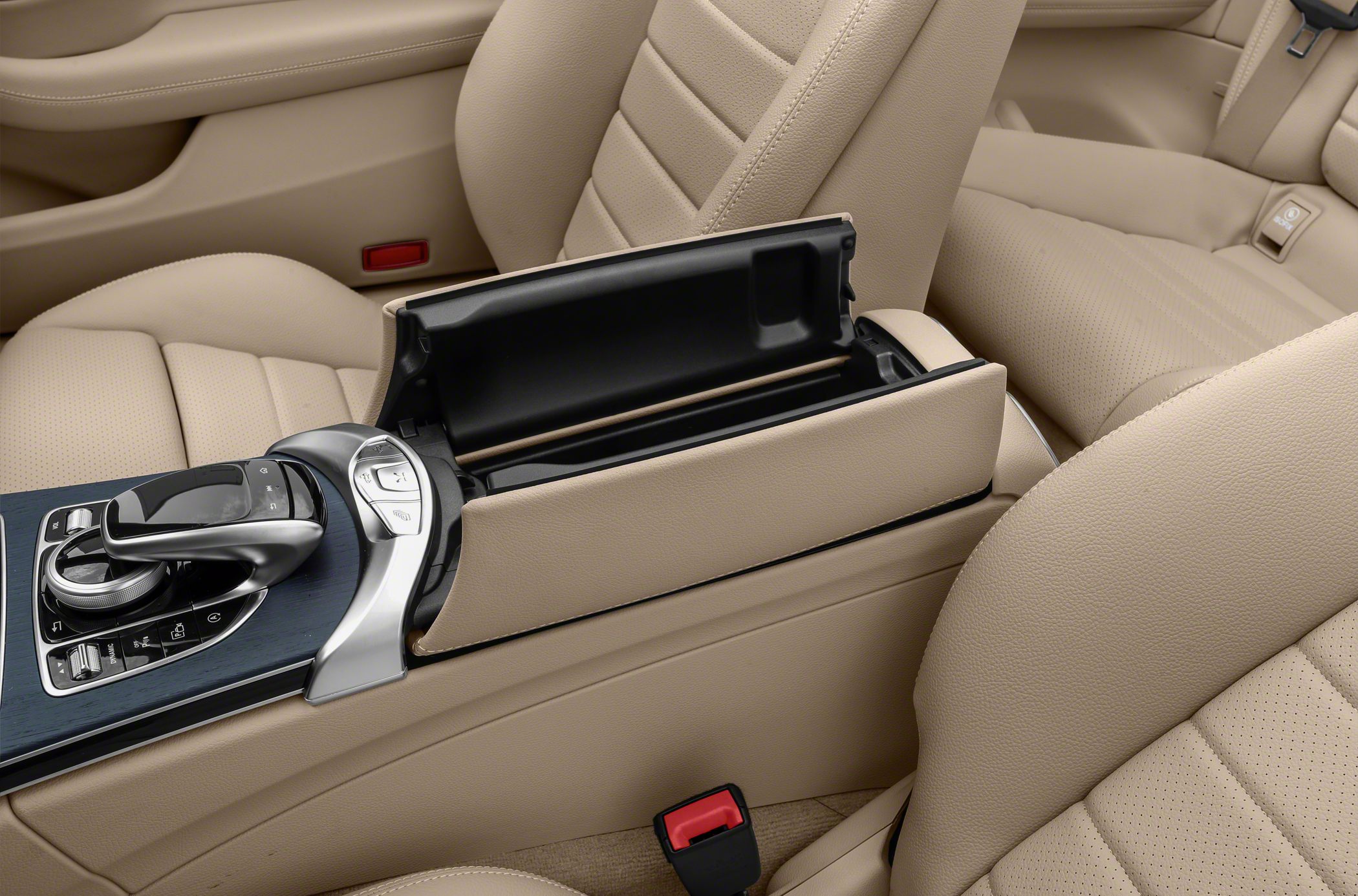 Beige leather interior with open center console storage compartment
