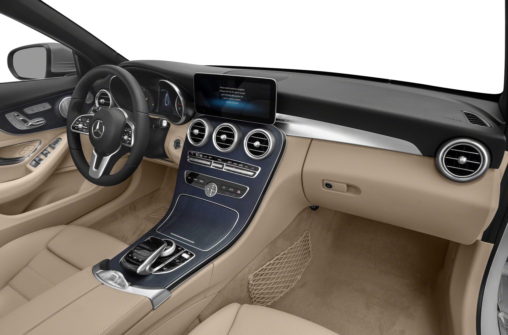 Beige luxury interior with digital display, steering wheel, and console controls