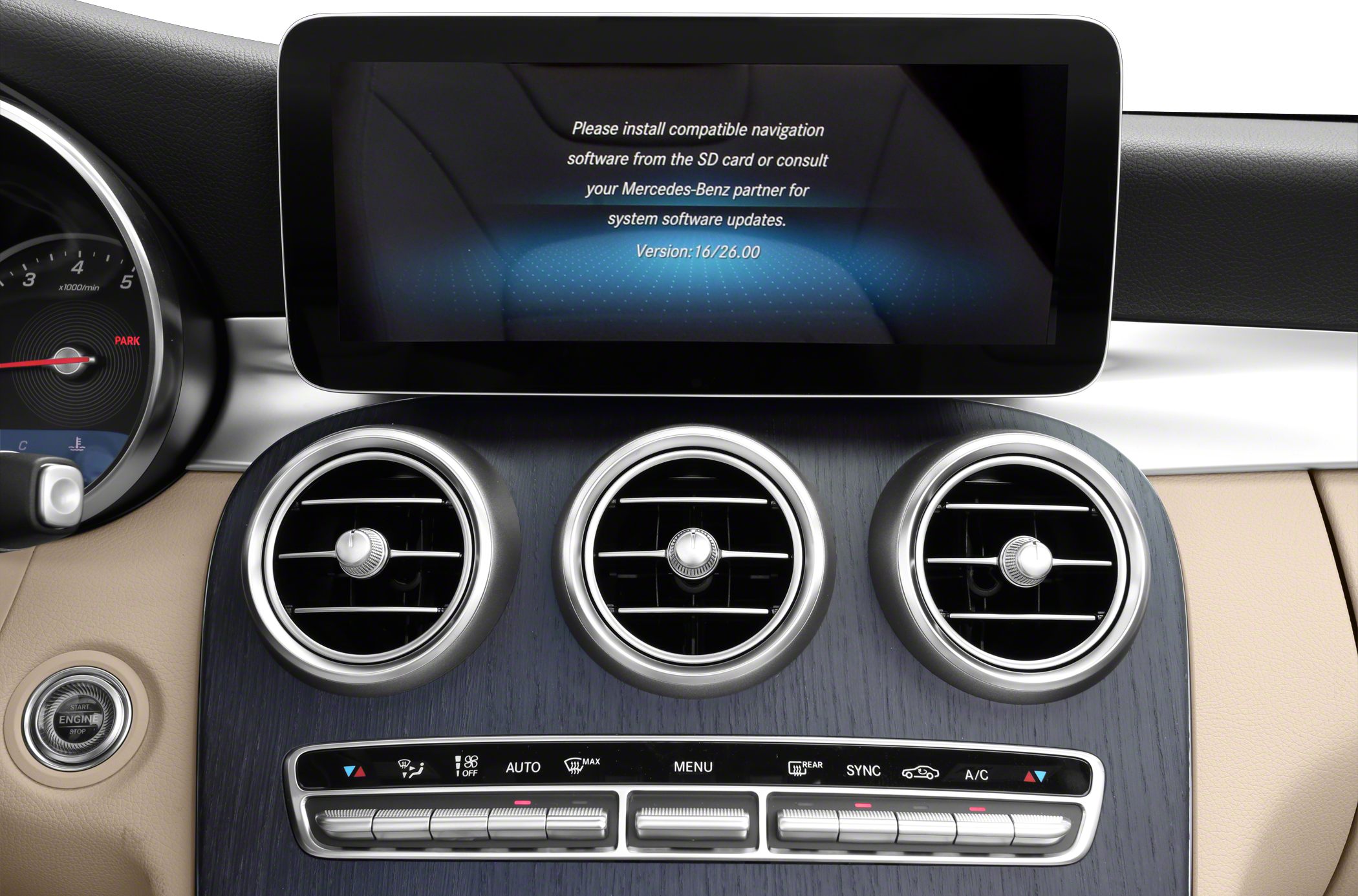 Central display screen and three circular ventilation air vents on dashboard
