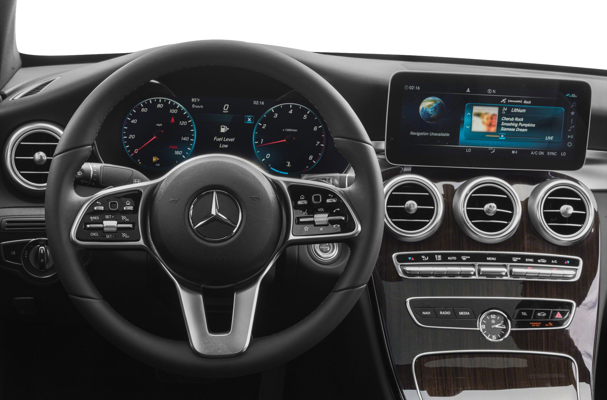 Digital dashboard, multifunction steering wheel, infotainment display, and climate controls