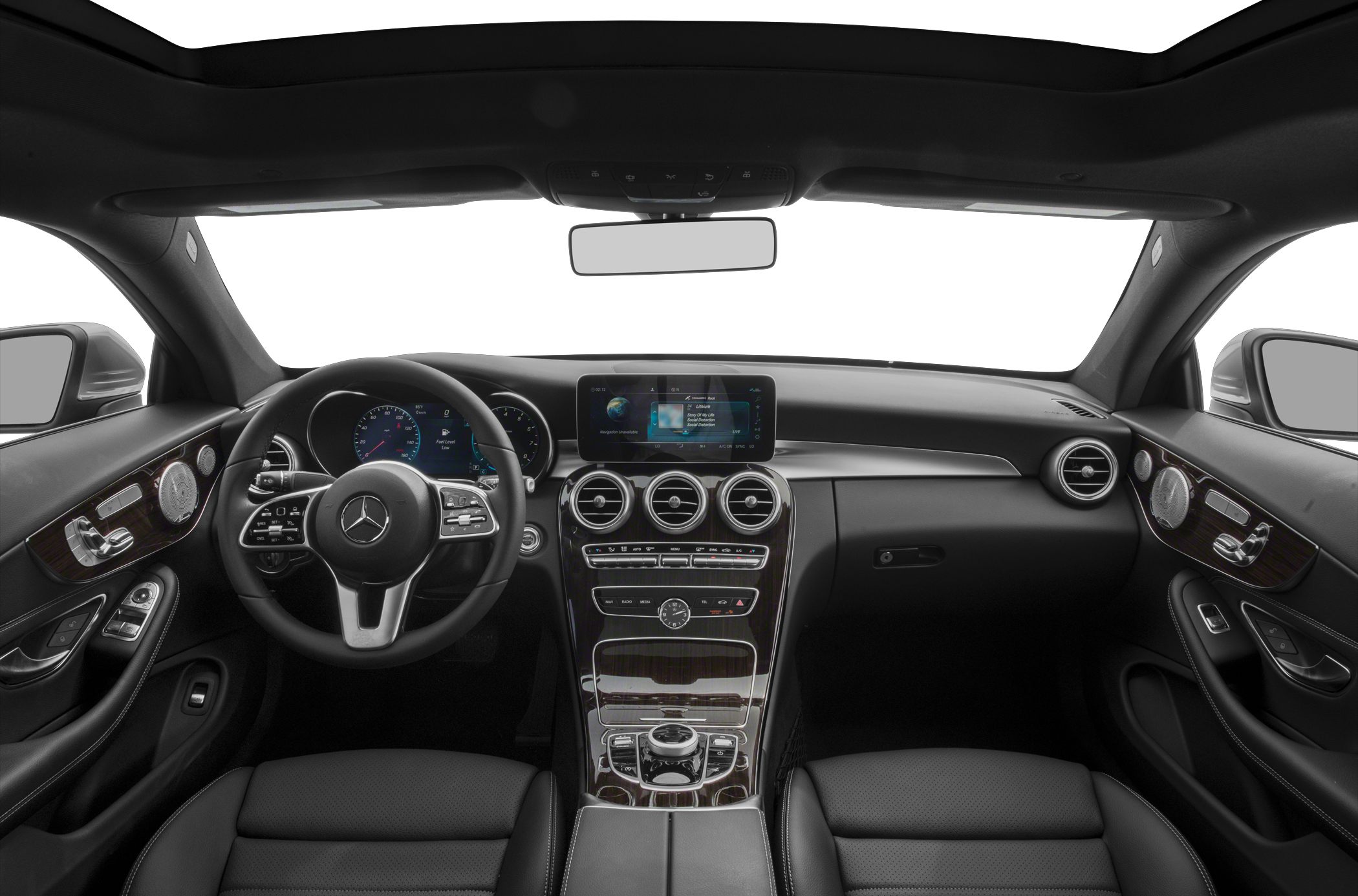 Modern luxury car interior with touchscreen and prominent dashboard controls