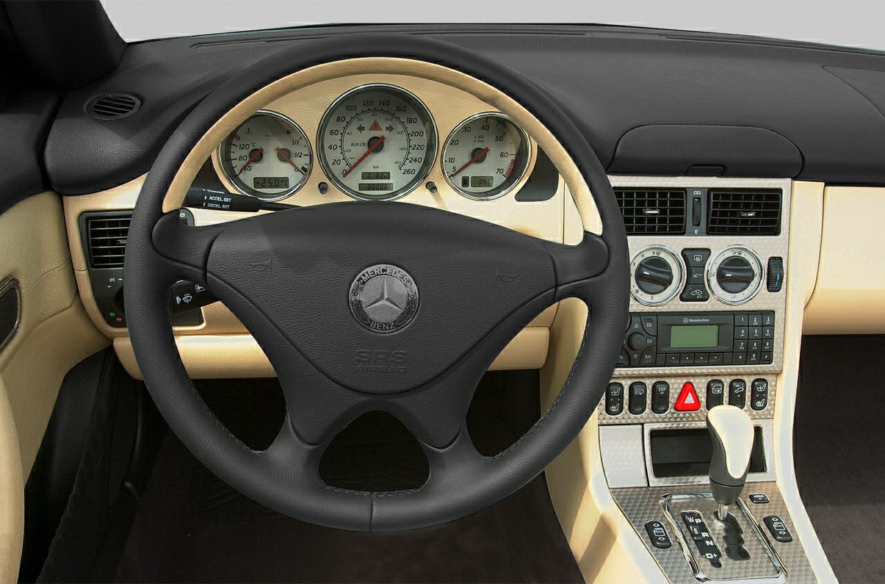 Steering wheel and dashboard with speedometer and controls