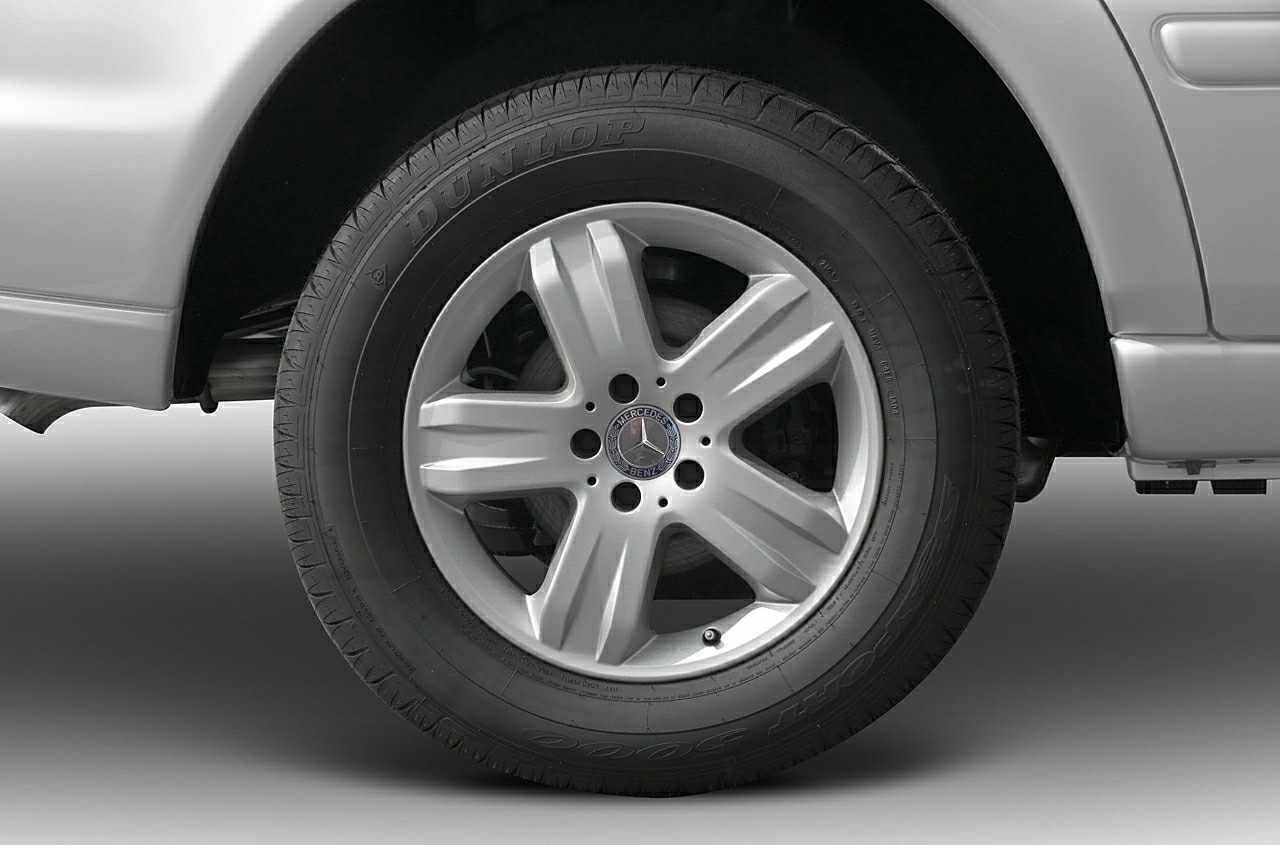 Close-up of alloy wheel and Dunlop tire on SUV.