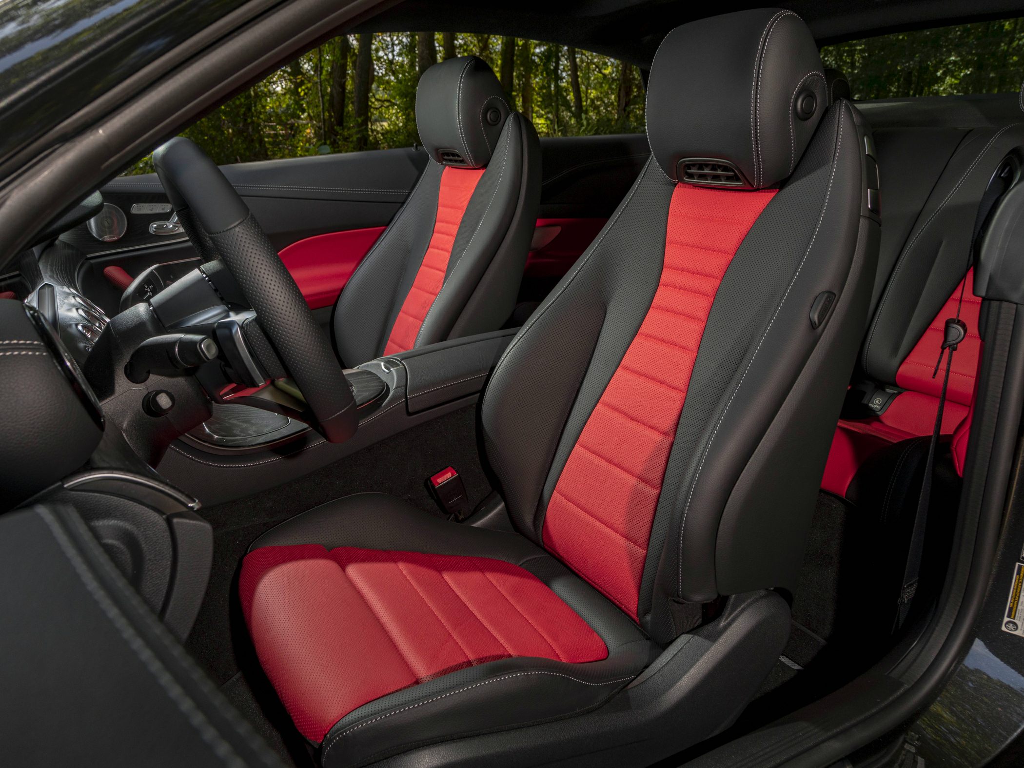 Sporty red and black front sports seats with ergonomic design