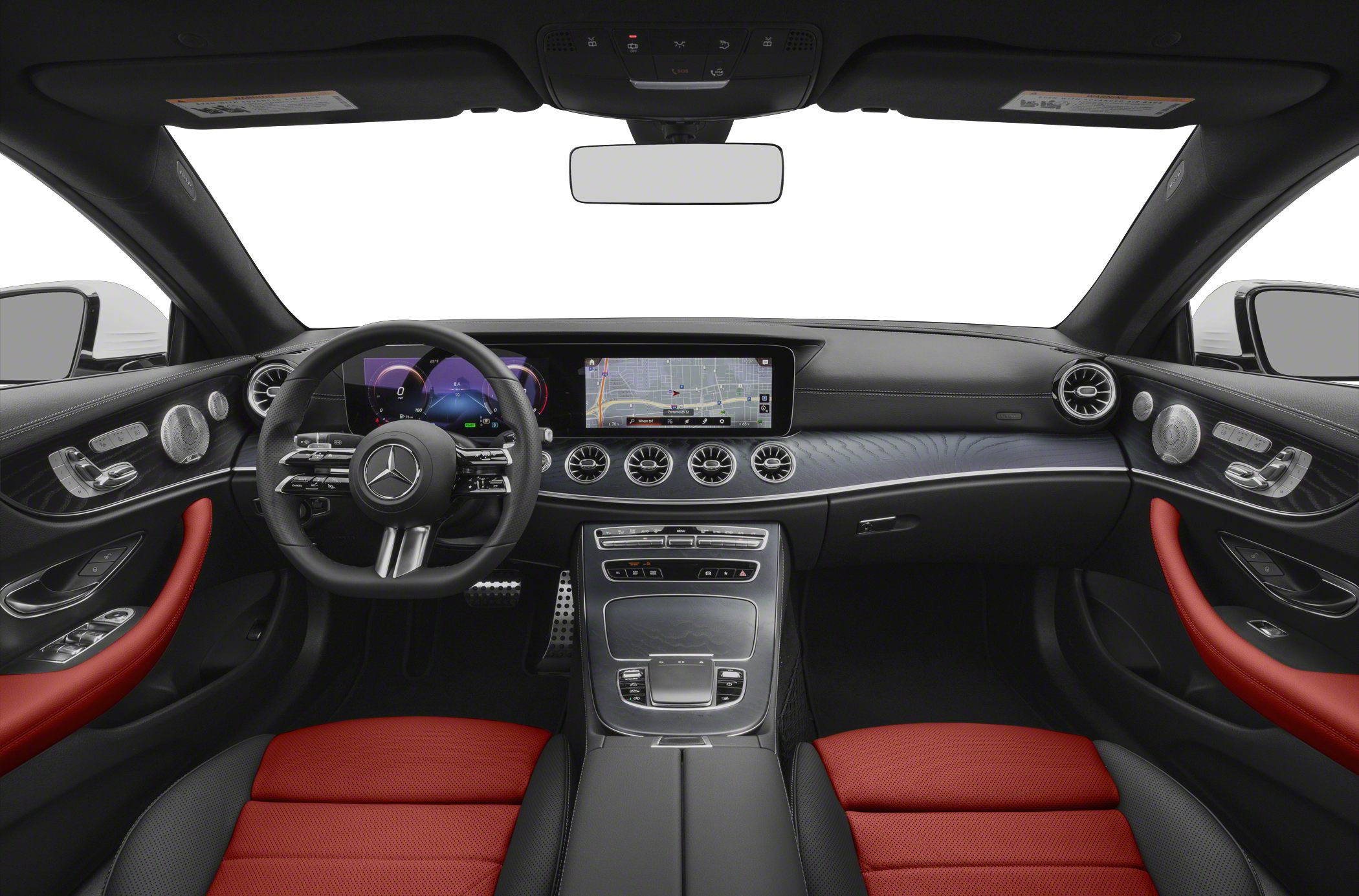 Dual digital display cockpit with navigation and red leather seats