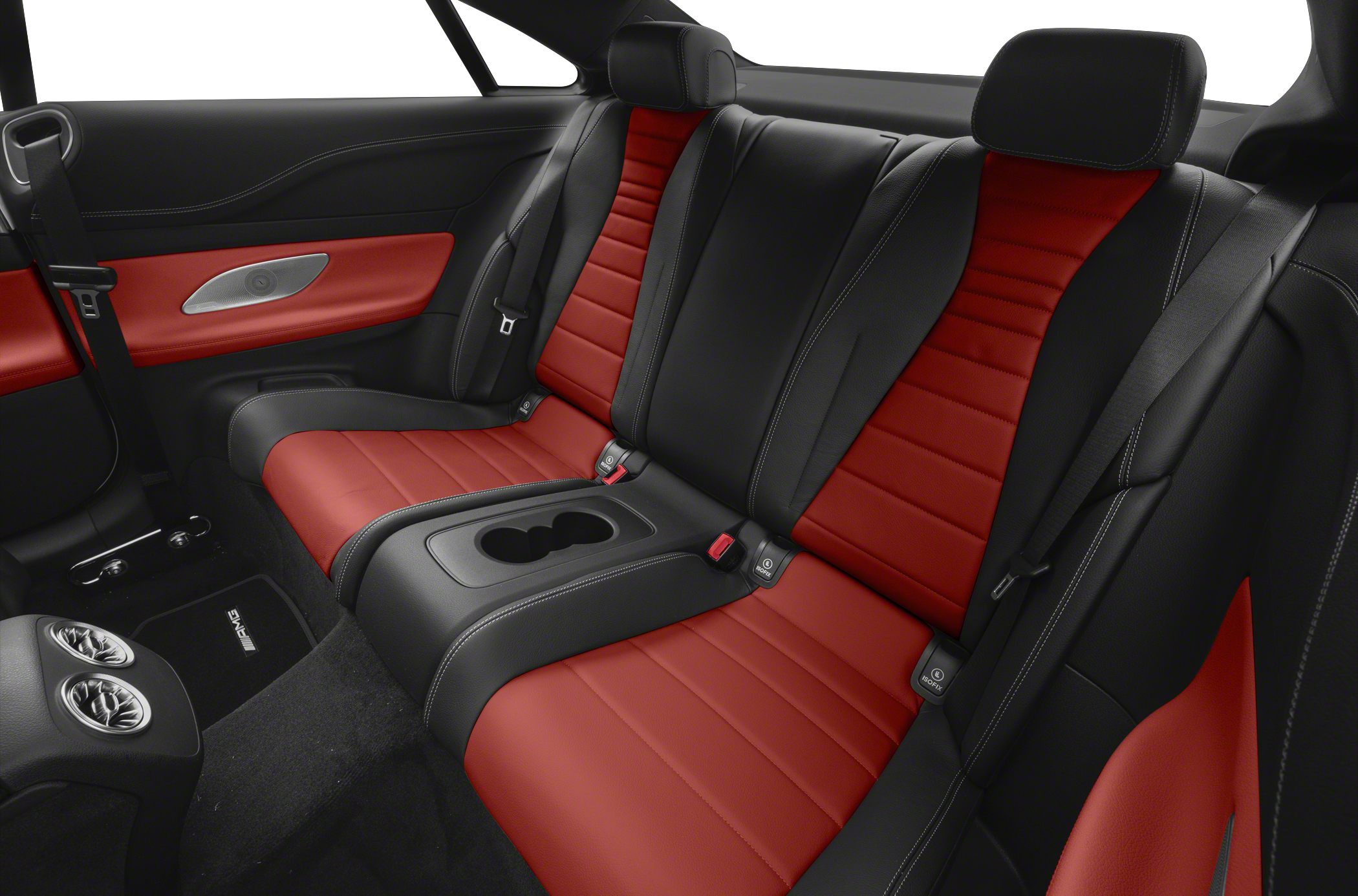 Black and red leather rear seats with cup holders and AMG vents