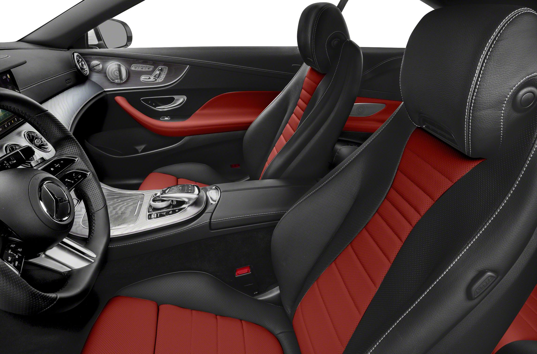 Black and red leather seats with modern dashboard and luxury interior details