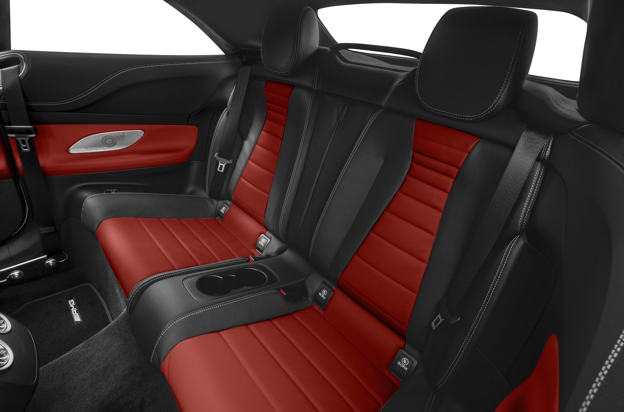 Rear leather seats in black and red with stitch detailing and cup holders
