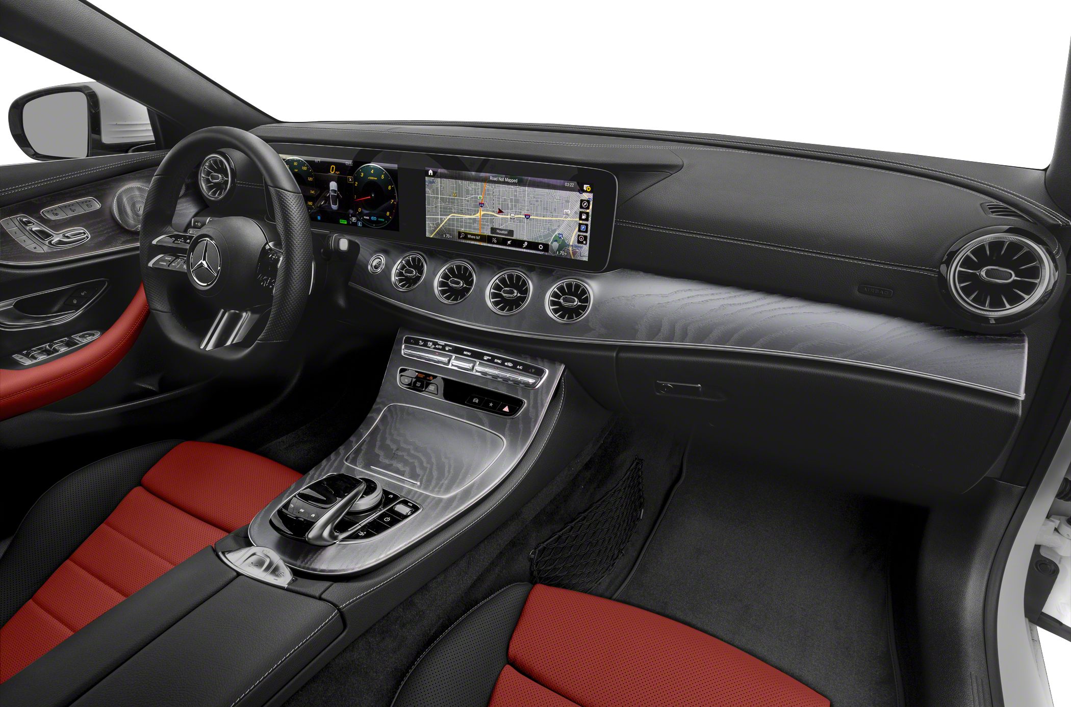 Digital dashboard, navigation display, red leather seats, modern interior controls