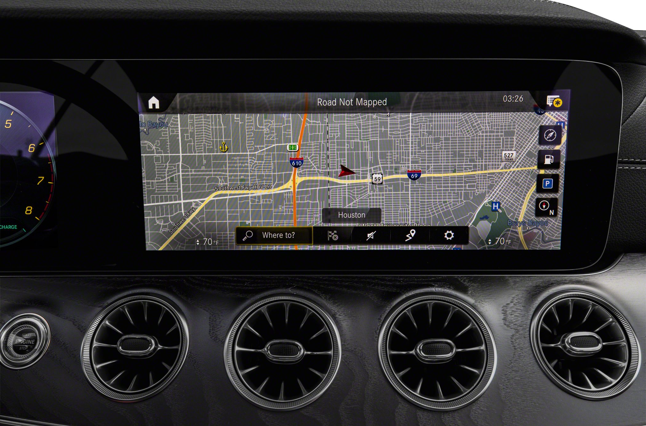 Car infotainment display with navigation and four circular air vents