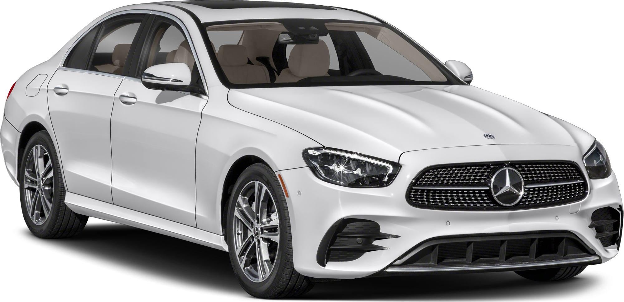 Front and side view of luxury sedan with LED headlights and alloy wheels