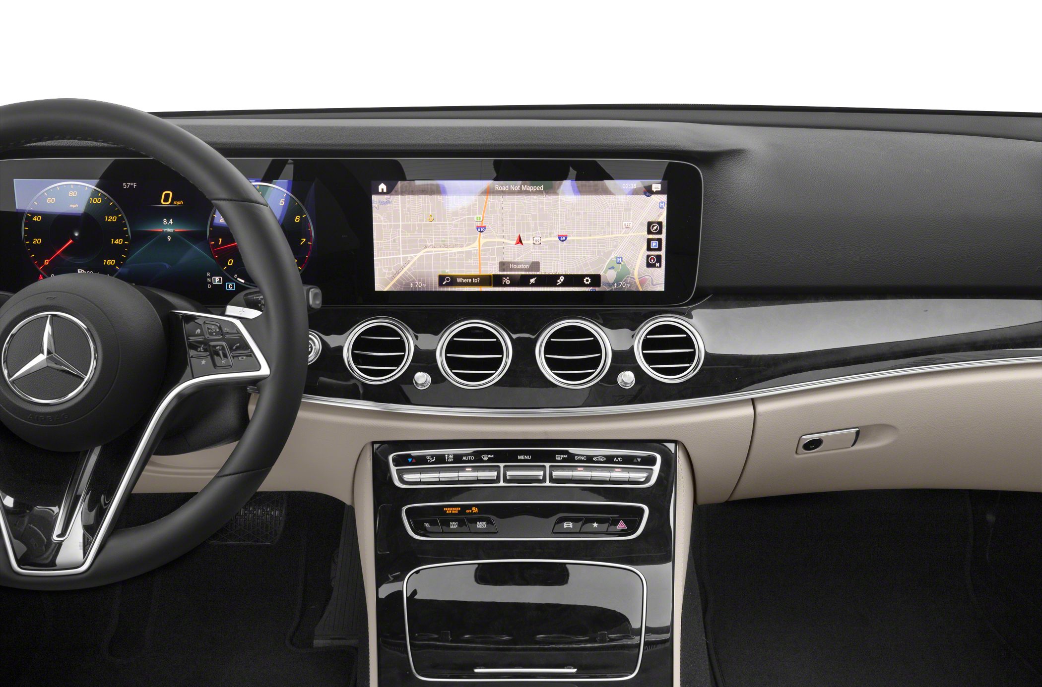 Dual digital display dashboard with steering wheel and central air vents