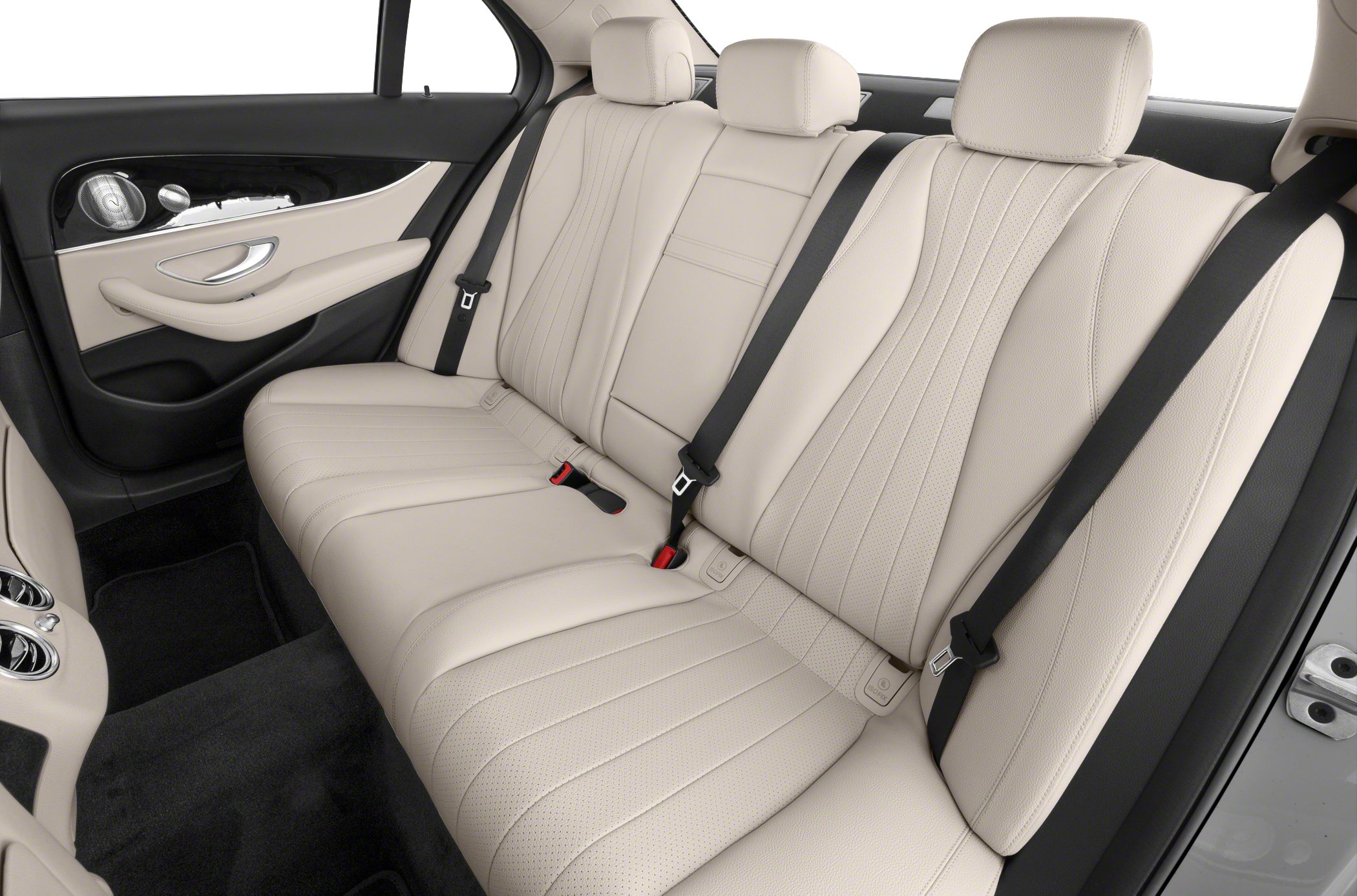 Beige leather rear seats with seatbelts and luxury door panel trim