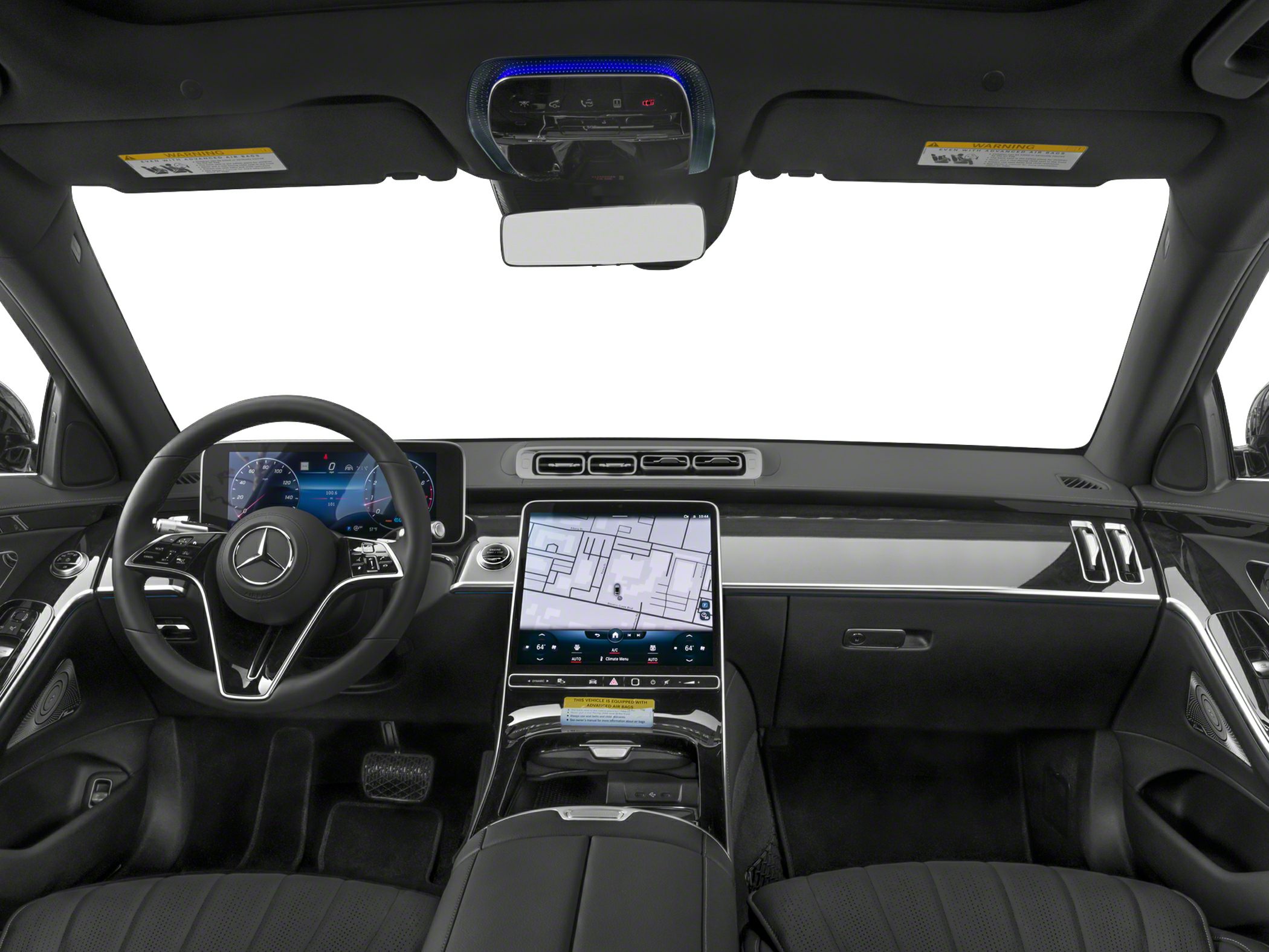 Digital dashboard and multifunction steering wheel with central touchscreen.