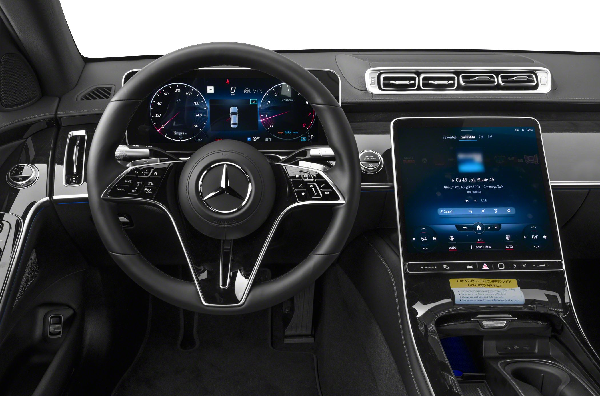 Luxury digital dashboard and large touchscreen display in steering-wheel view