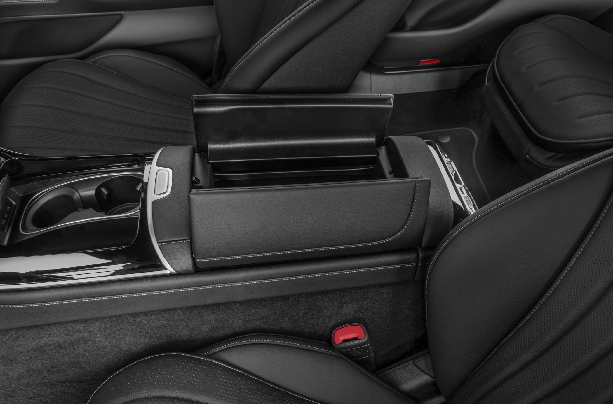 Leather center console with storage compartment and cup holders