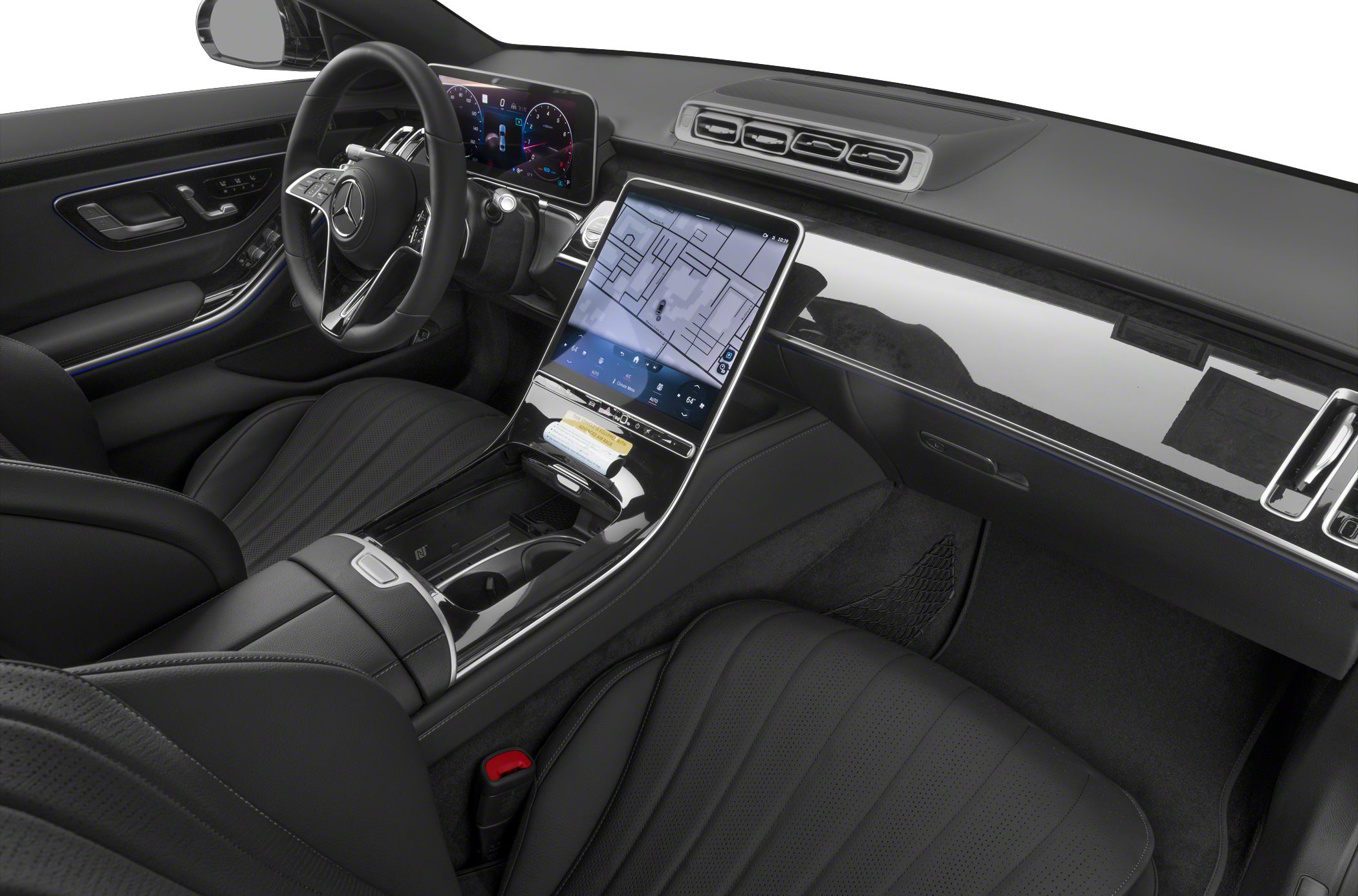 Digital dashboard and large central touchscreen in luxury car interior