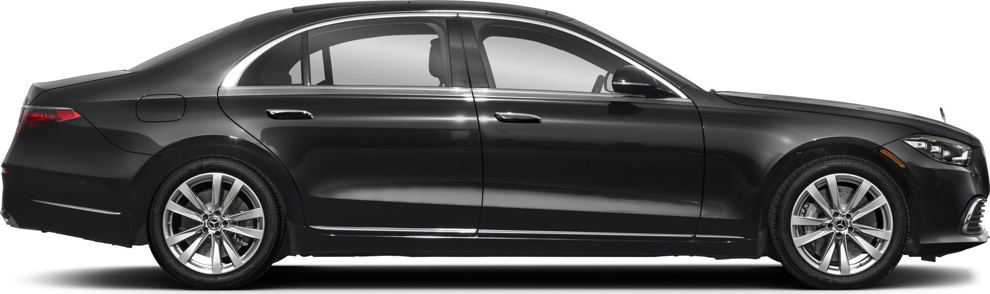 Luxury sedan side profile with long wheelbase and alloy wheels