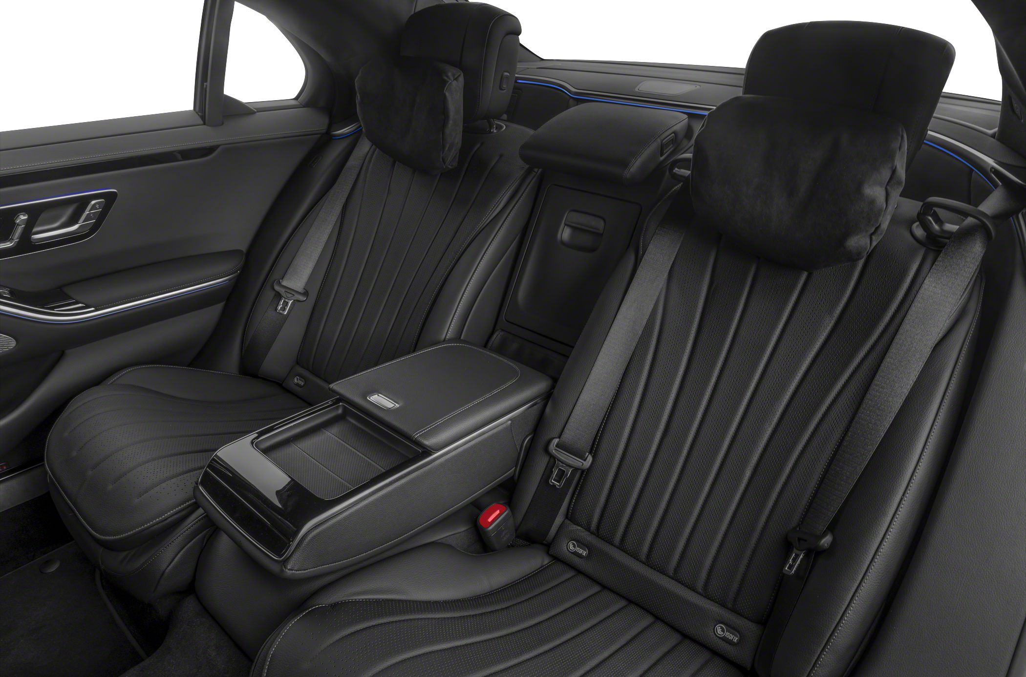Luxurious black leather rear seats with armrest and headrest cushions