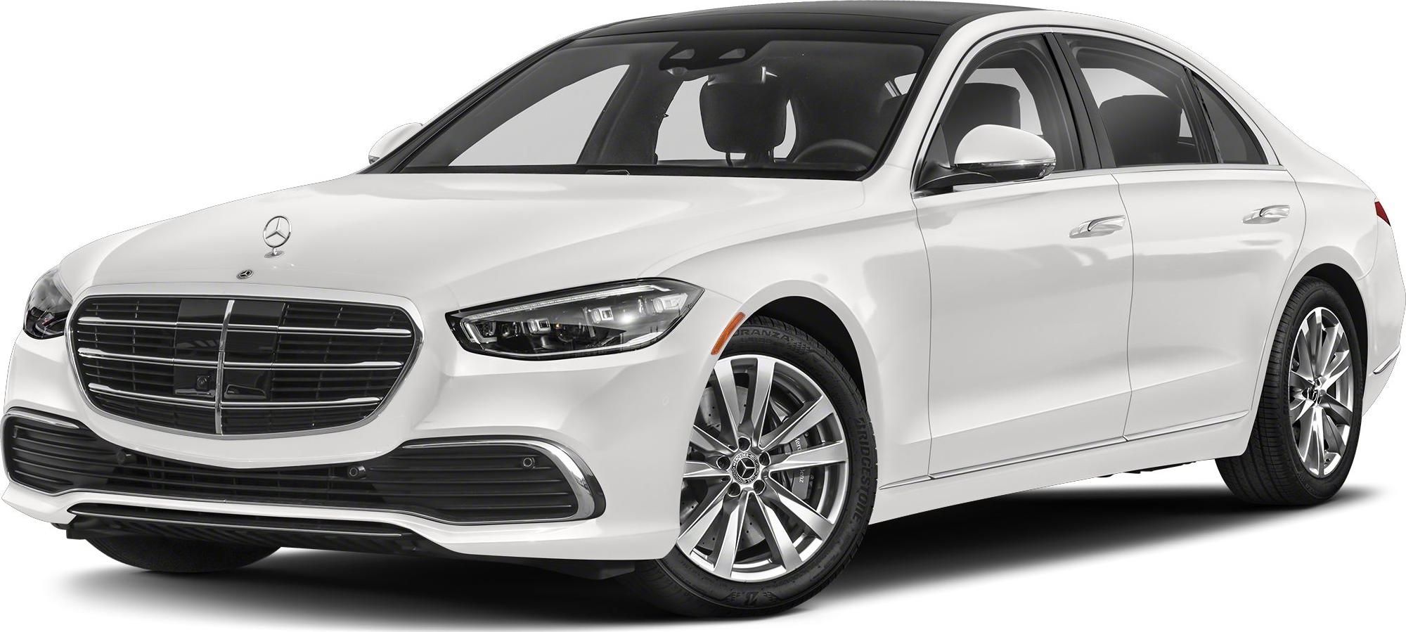 Front view of luxury sedan with LED headlamps and chrome grille