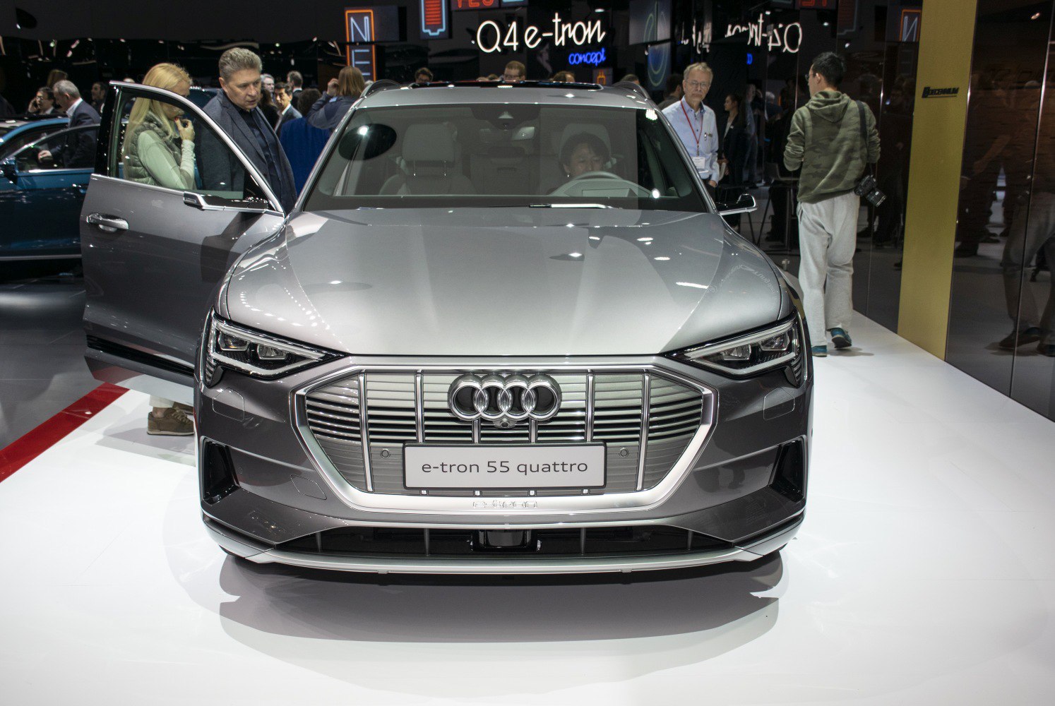 Front view with grille and LED headlights of an electric SUV