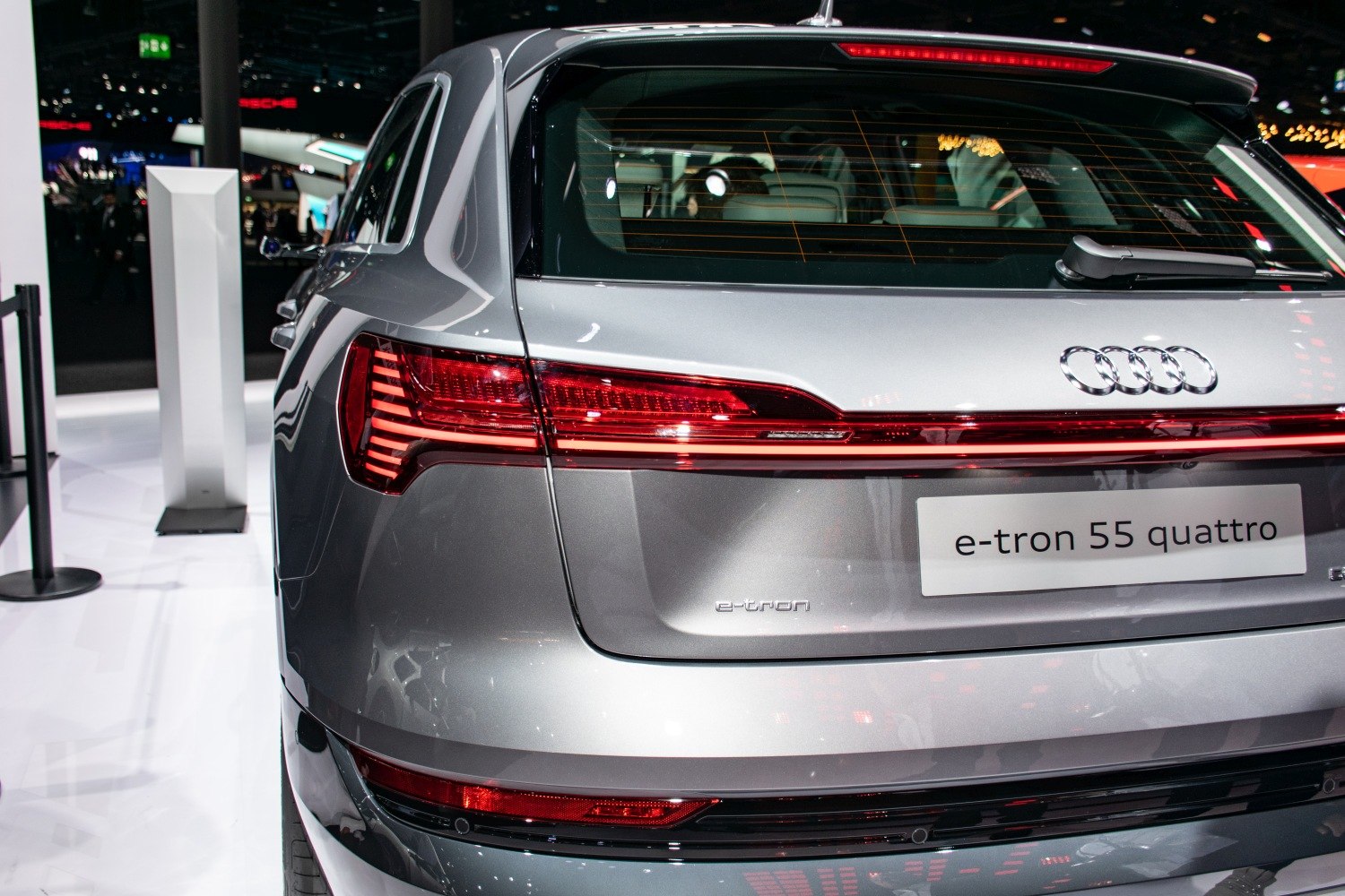 Close-up of LED rear tail light and e-tron badge on vehicle rear